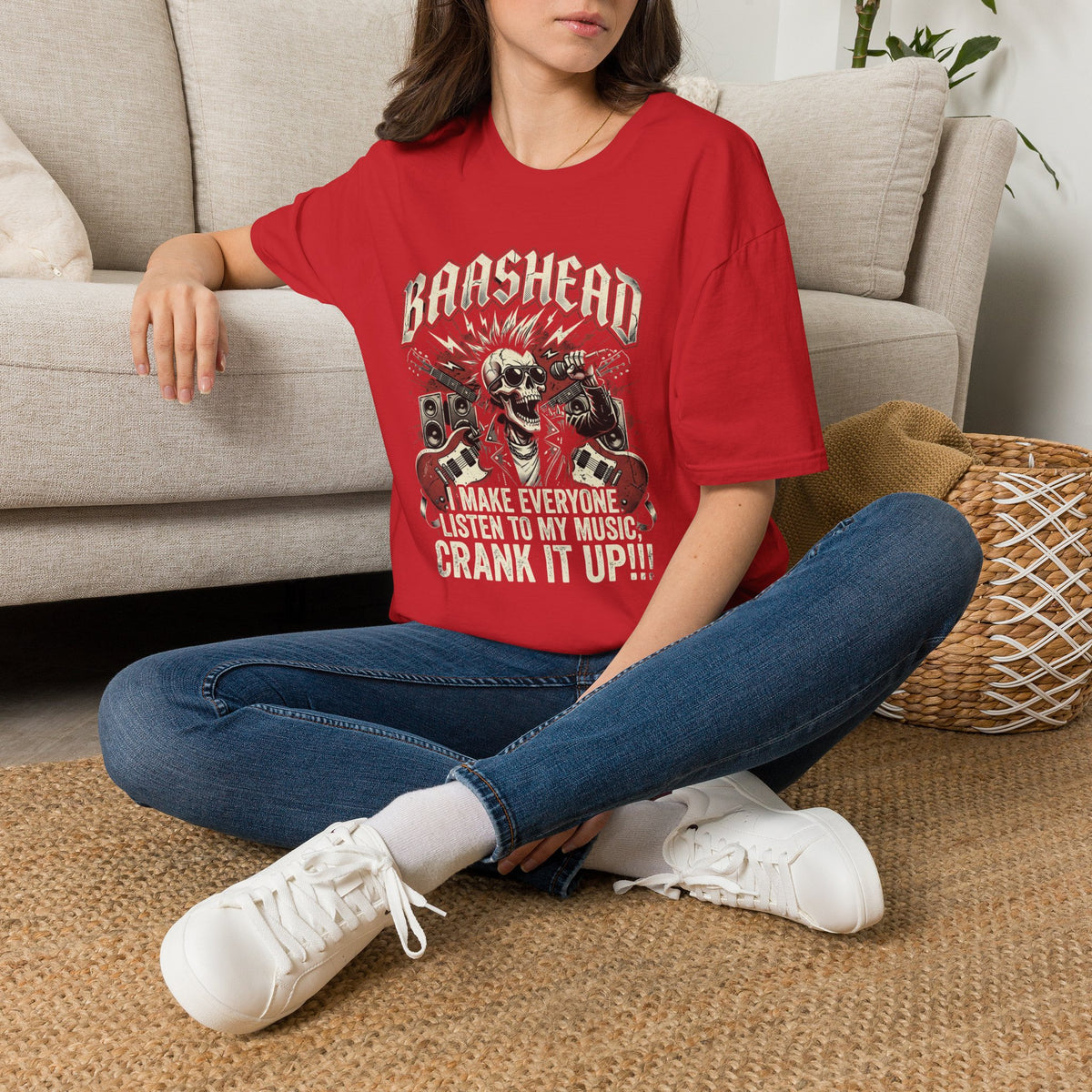 Basshead Skull T-Shirt — “I Make Everyone Listen to My Music, Crank It Up!” Guitar & Speaker Rock Tee