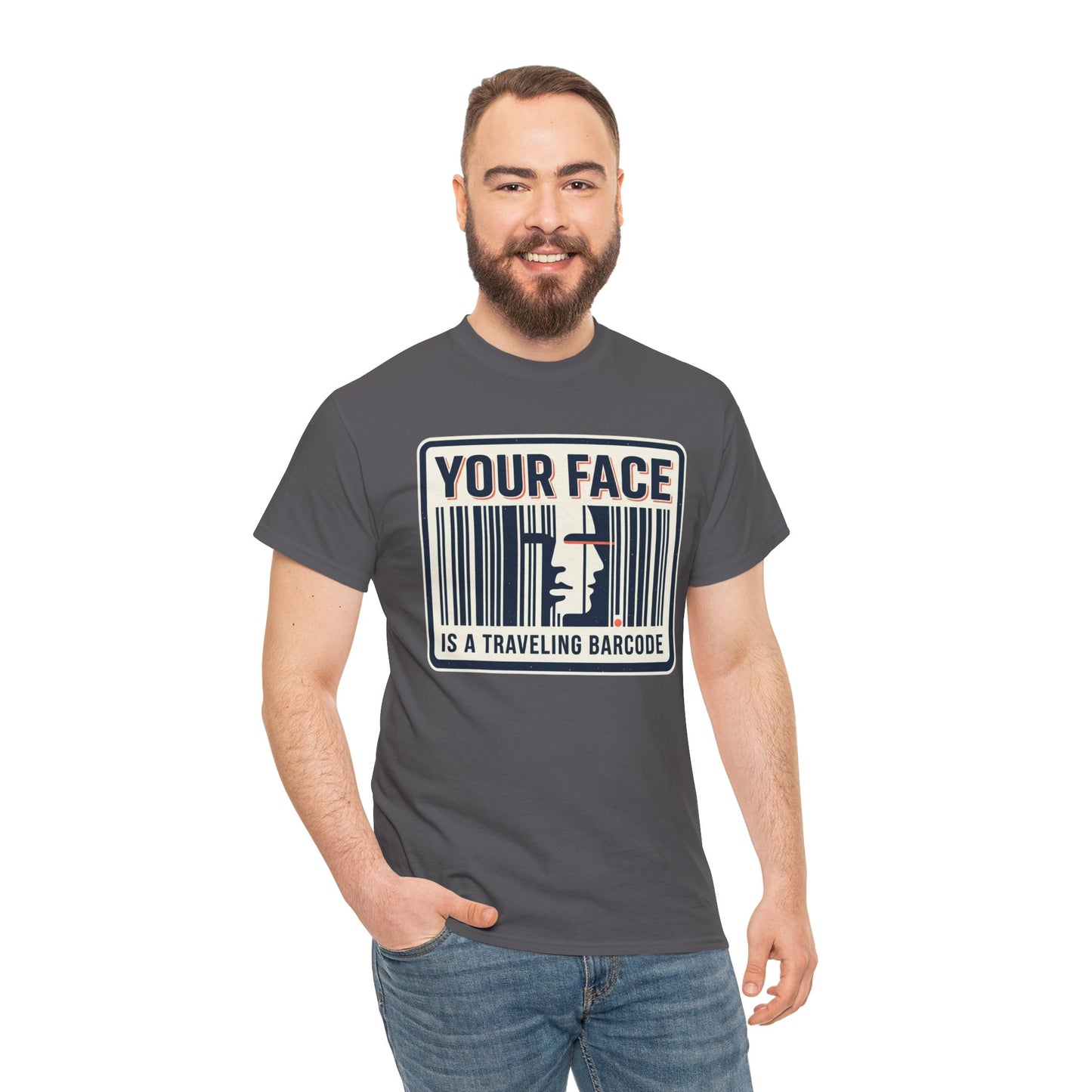 "Your Face Is a Traveling Barcode" Graphic Tee