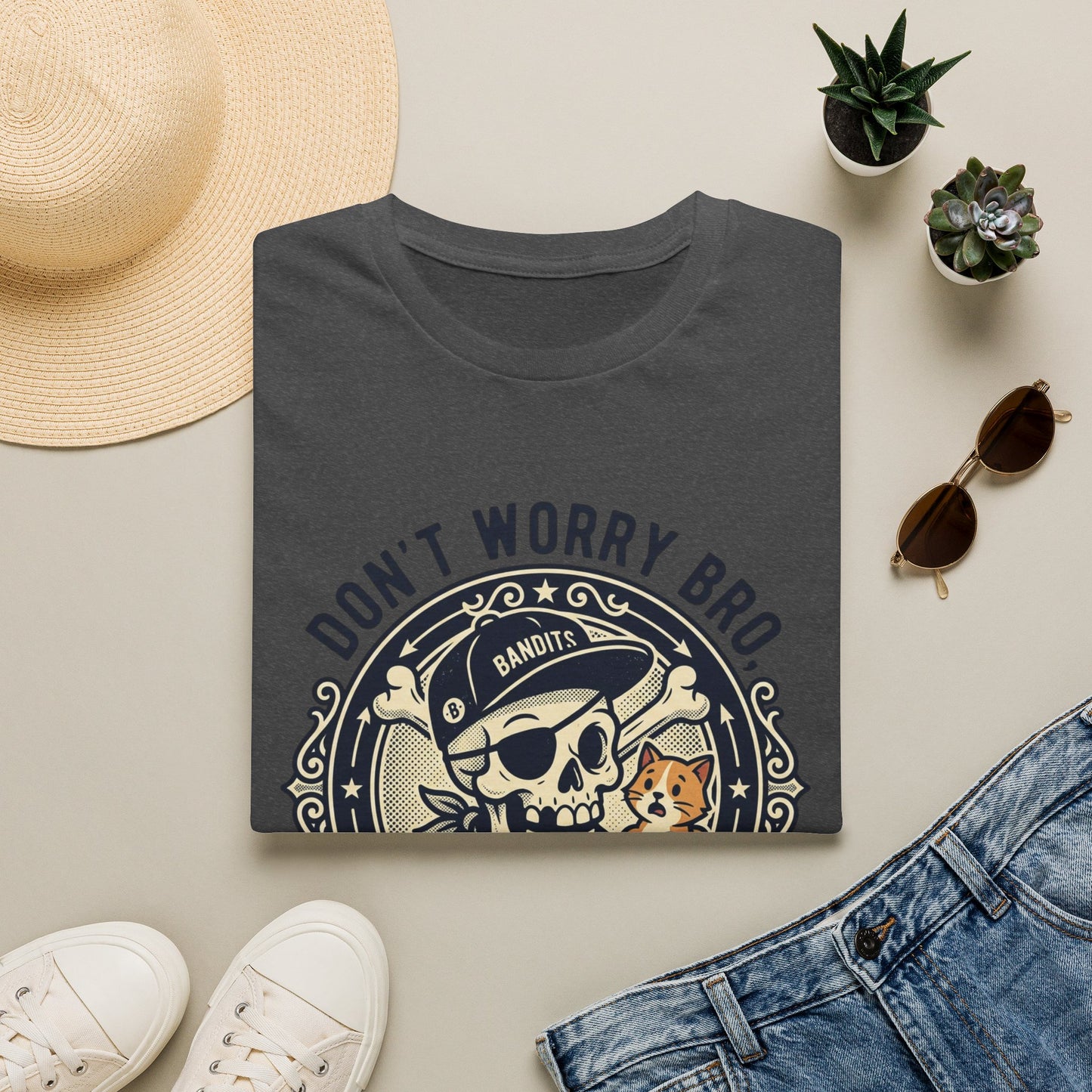 Skull & Cat T-Shirt — "Don't Worry Bro, I'll Give Her Back" Vintage Tee