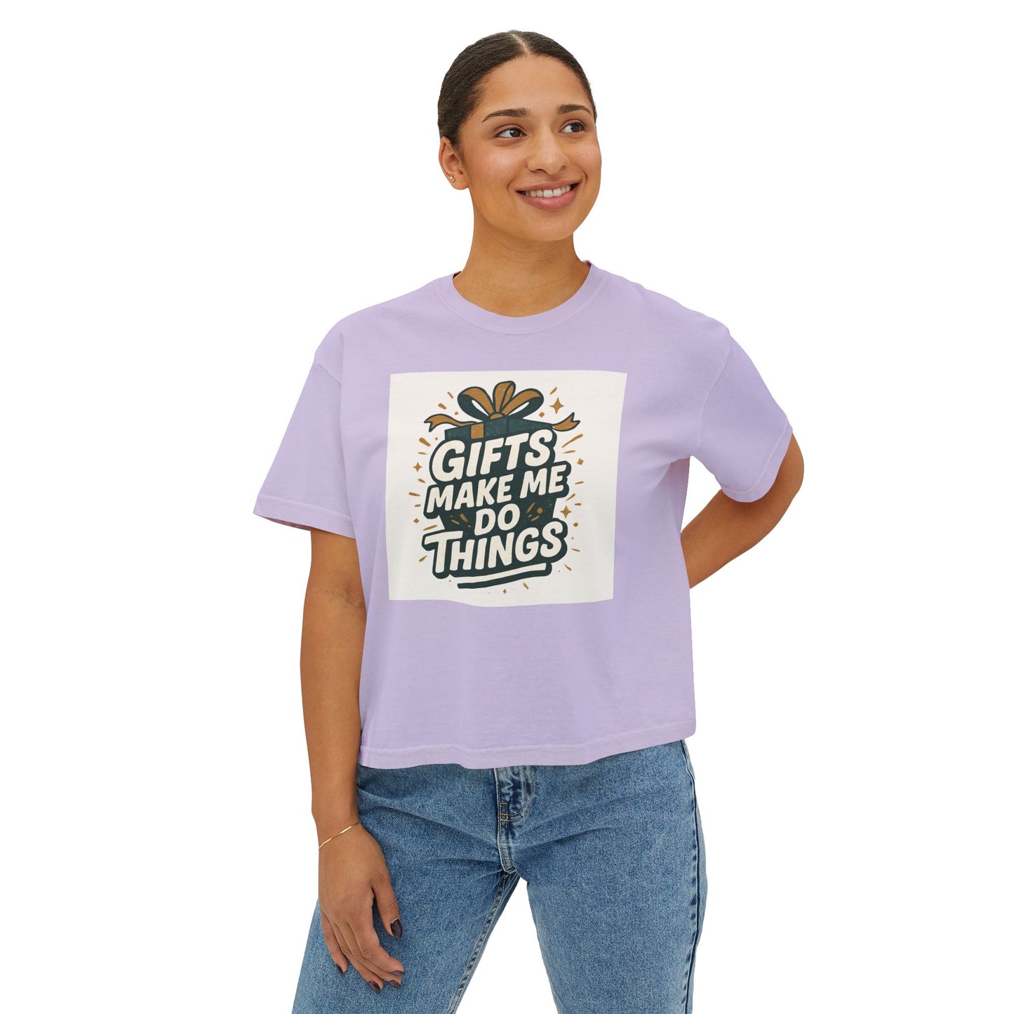 Gifts Make Me Do Things Graphic Boxy Tee — Women’s Casual Crop T-Shirt
