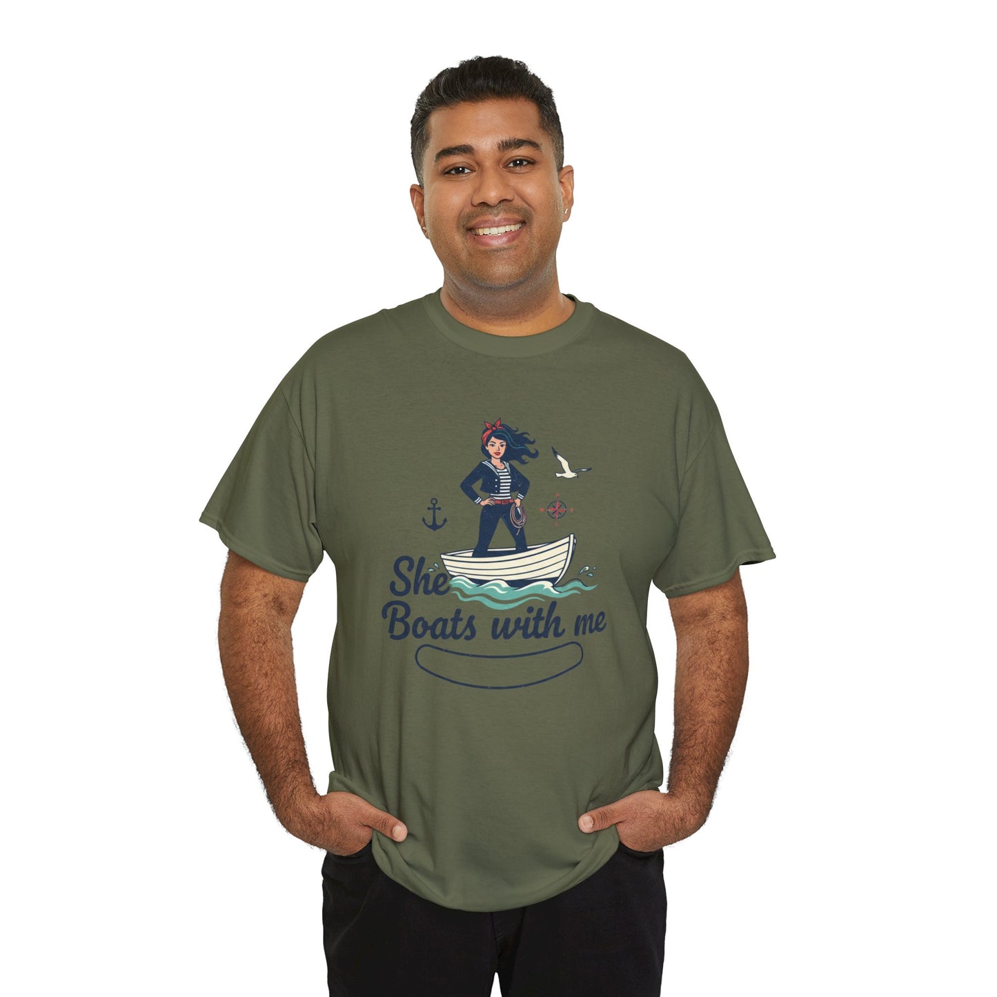 T-Shirt — "She Boats With Me" Nautical Couple Tee Printify