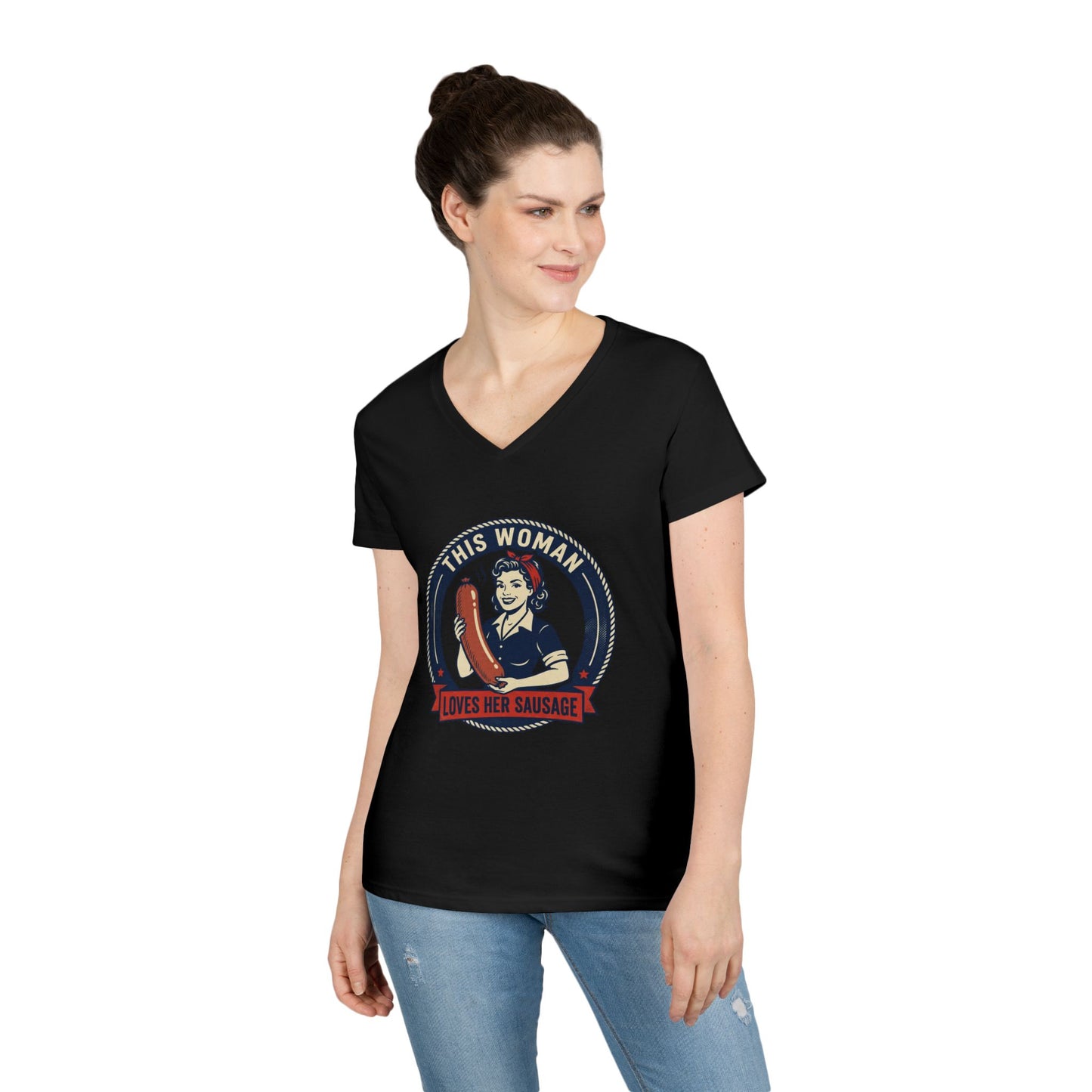 Ladies' V-Neck T-Shirt — "This Woman Loves Her Sausage" Retro Graphic Tee