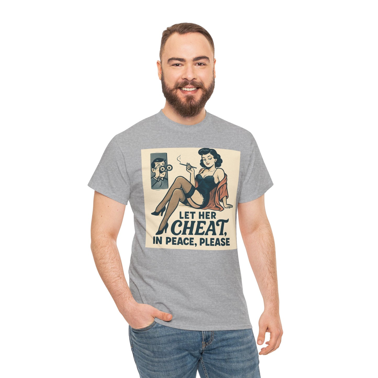 T-Shirt — Vintage Pinup “Let Her Cheat in Peace, Please” Graphic Tee