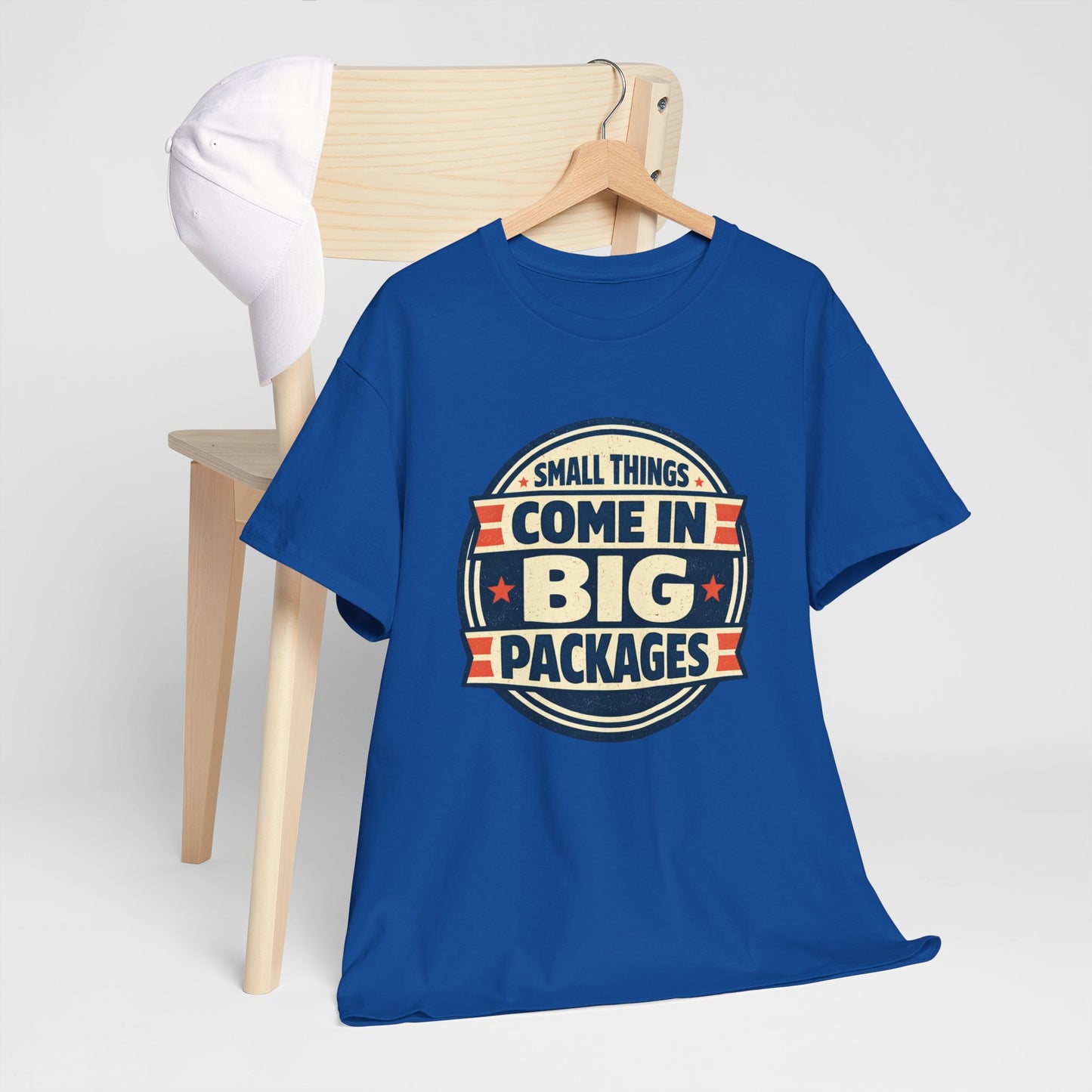 T-Shirt — "Small Things Come in Big Packages" Retro Badge Tee