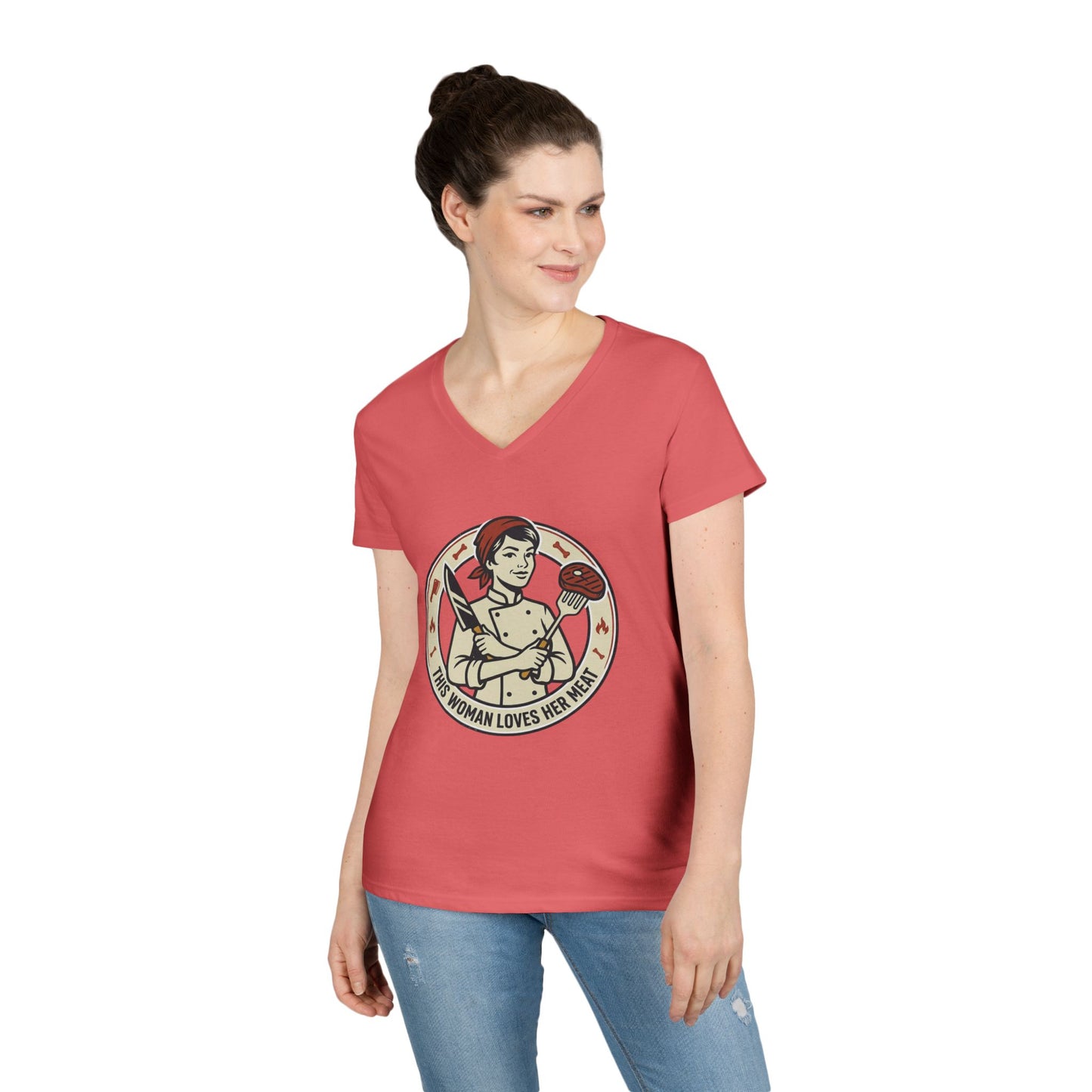 Ladies' V-Neck T-Shirt — "This Woman Loves Her Meat" Chef Graphic Tee