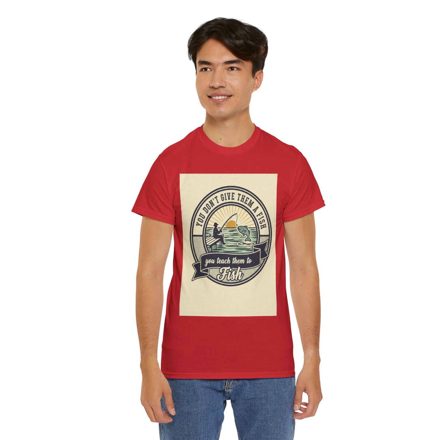 Fishing Vintage Badge T-Shirt — "You Don’t Give Them a Fish, You Teach Them to Fish" Graphic Tee
