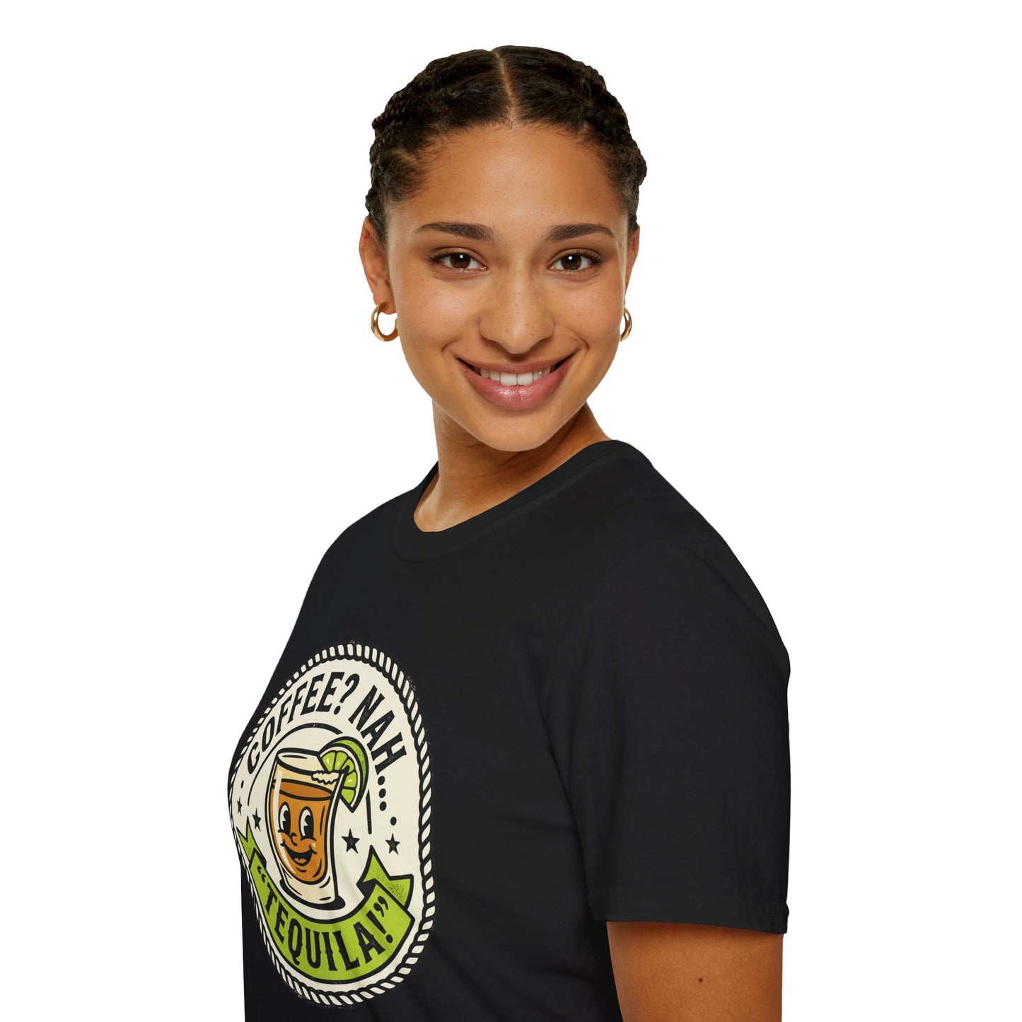 Coffee? Nah, Tequila! T-Shirt – Funny Shot Glass Graphic Tee for Party Lovers