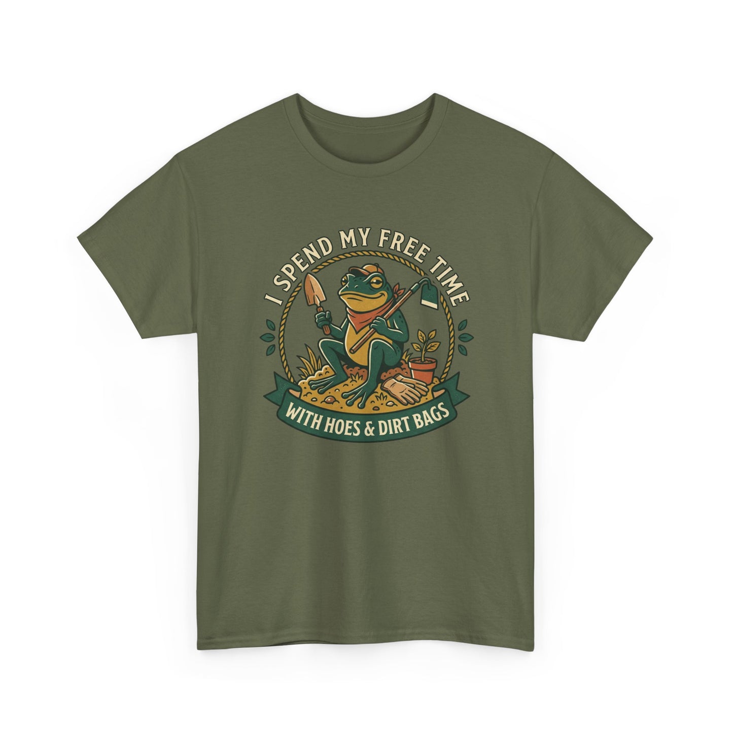 Gardening Frog T-Shirt — "I Spend My Free Time With Hoes & Dirt Bags" Funny Garden Tee