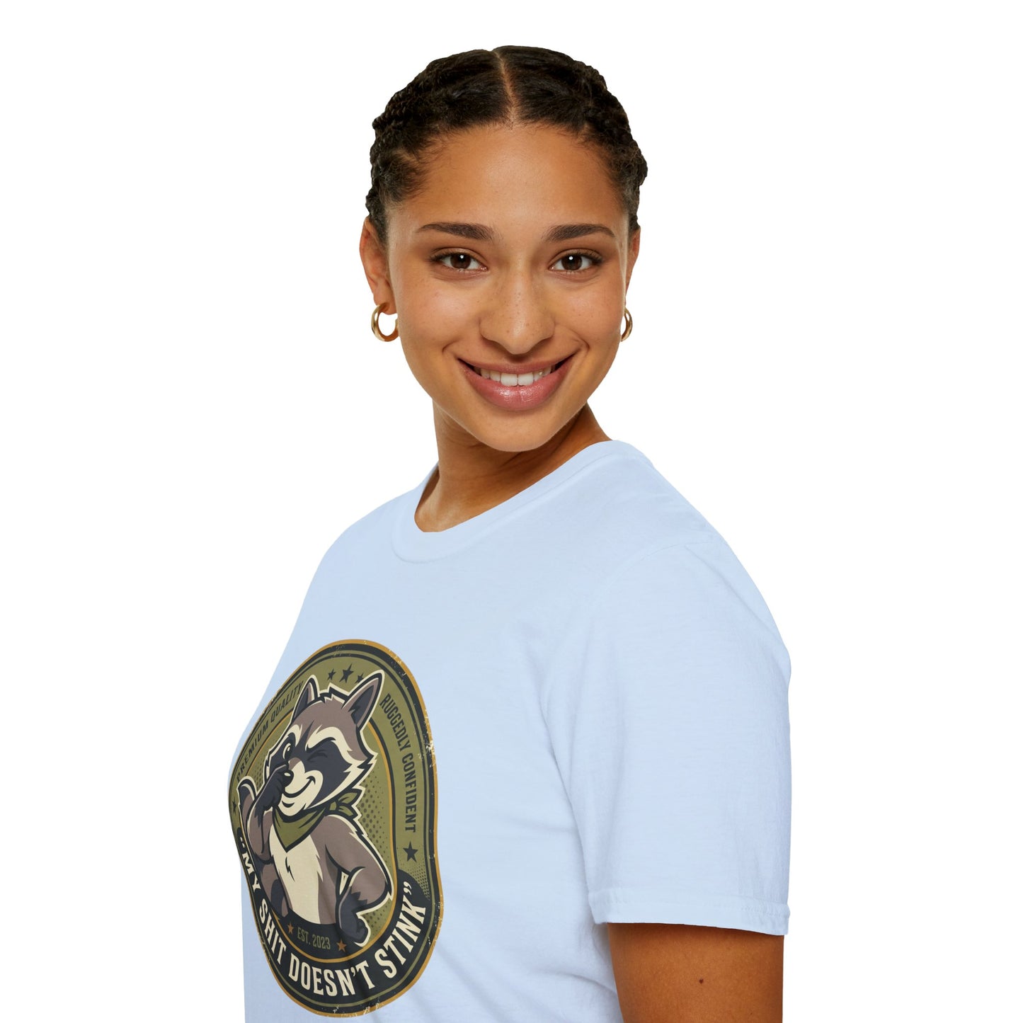 Raccoon Badge T-Shirt — "My Shit Doesn't Stink" Funny Graphic Tee Printify