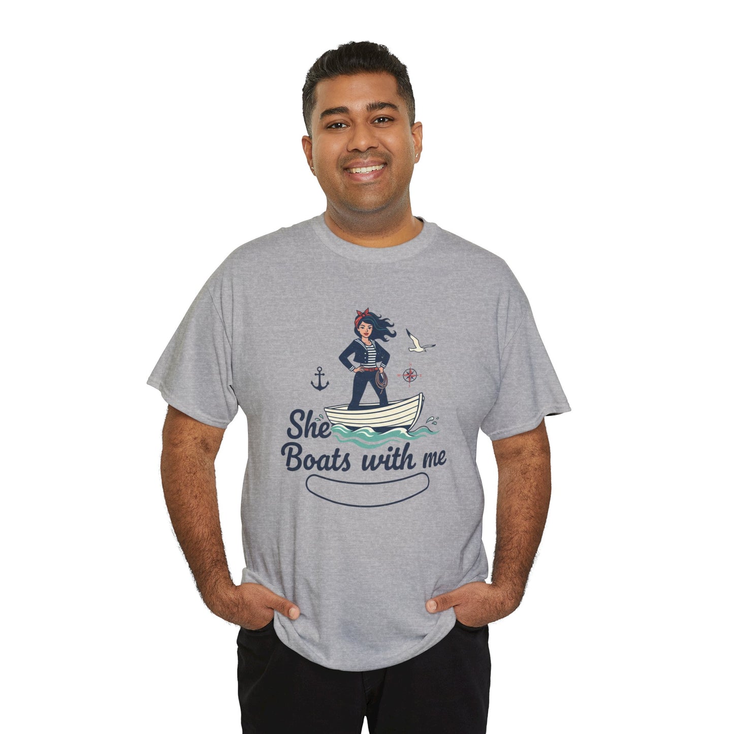 T-Shirt — "She Boats With Me" Nautical Couple Tee Printify