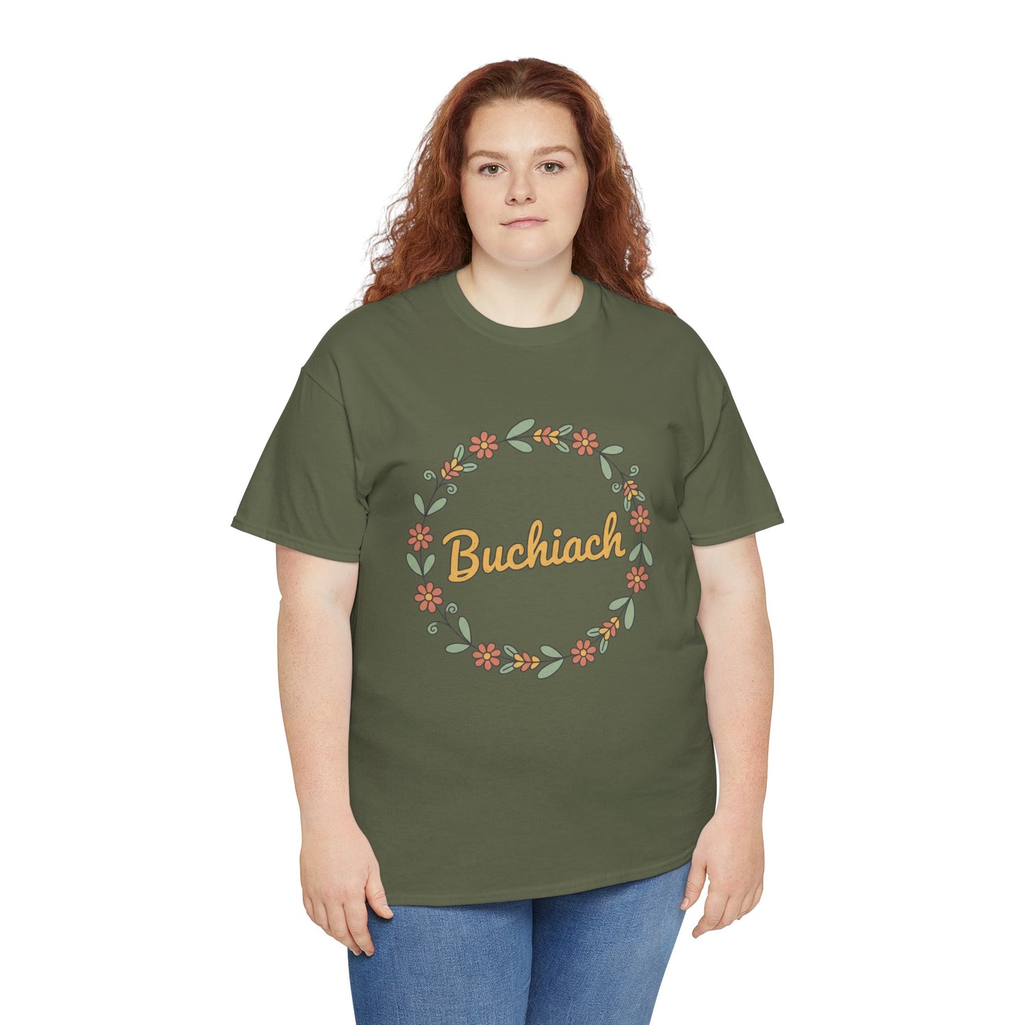 Buchiach Floral Wreath T-Shirt — Retro Script Garden Tee Printify