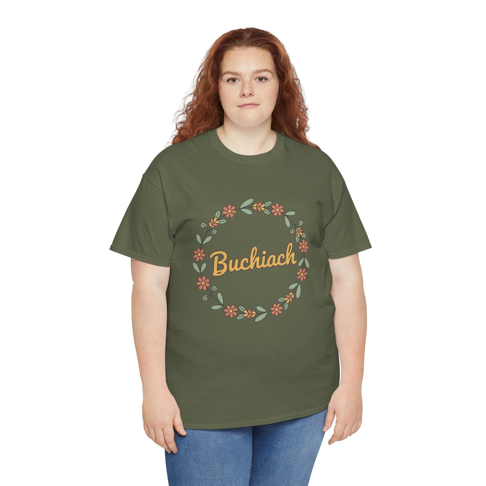 Buchiach Floral Wreath T-Shirt — Retro Script Garden Tee Printify