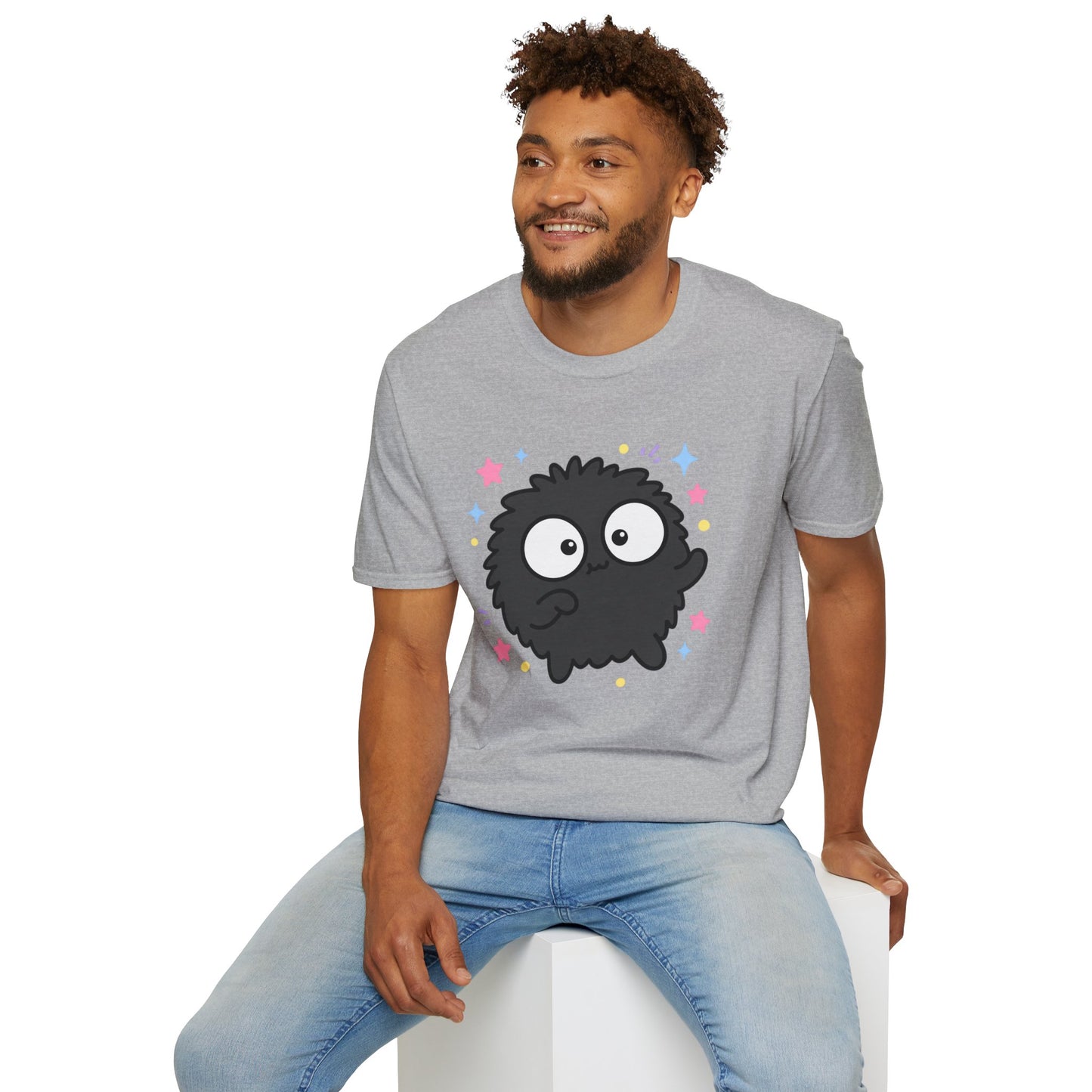 Cute Black Fuzzball T-Shirt — Kawaii Monster Tee with Stars