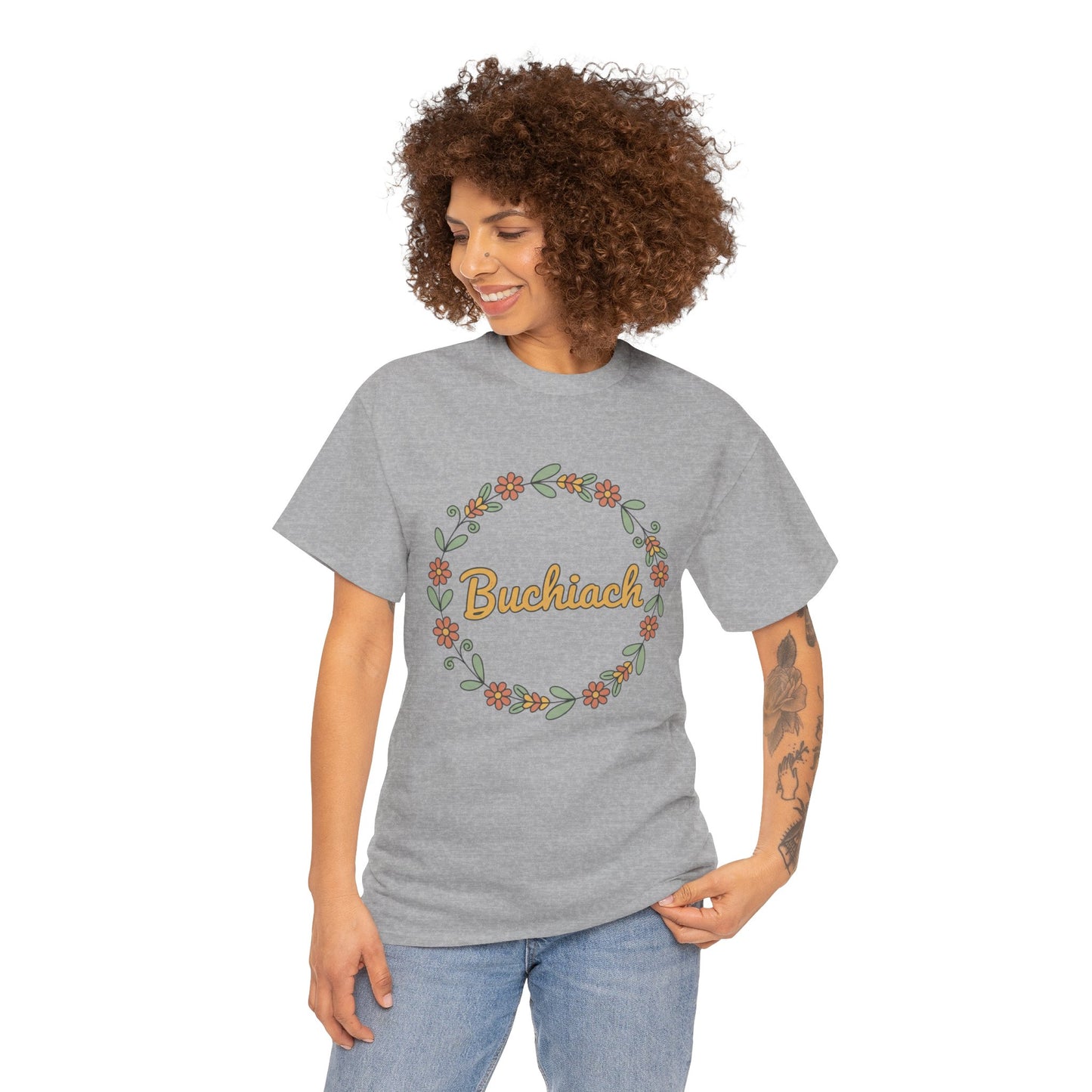 Buchiach Floral Wreath T-Shirt — Retro Script Garden Tee Printify