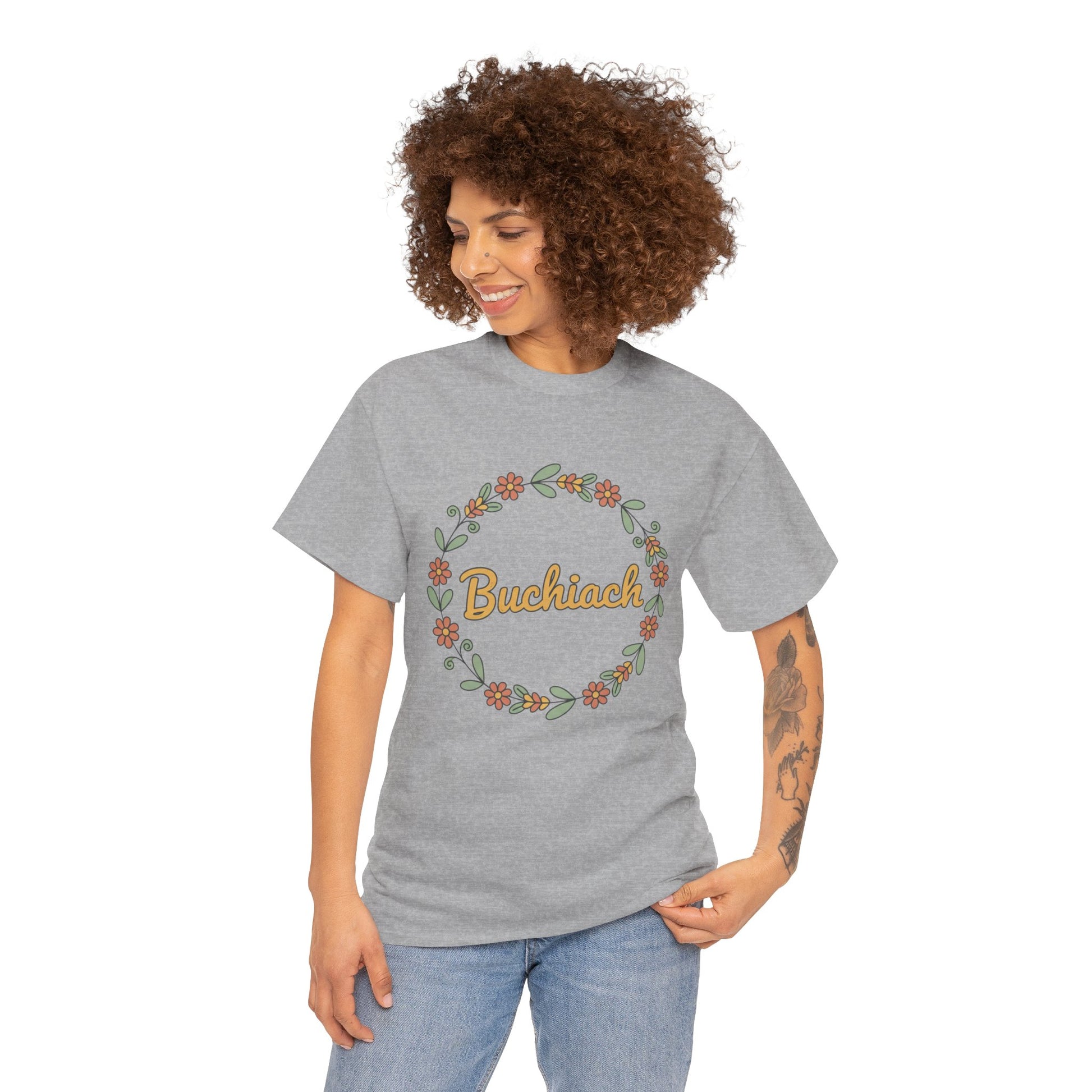 Buchiach Floral Wreath T-Shirt — Retro Script Garden Tee Printify