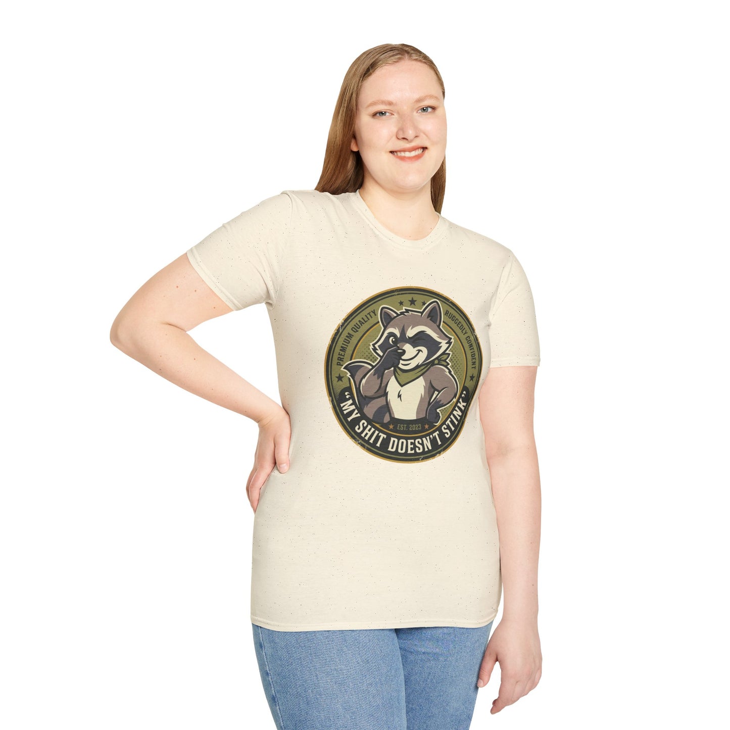 Raccoon Badge T-Shirt — "My Shit Doesn't Stink" Funny Graphic Tee Printify