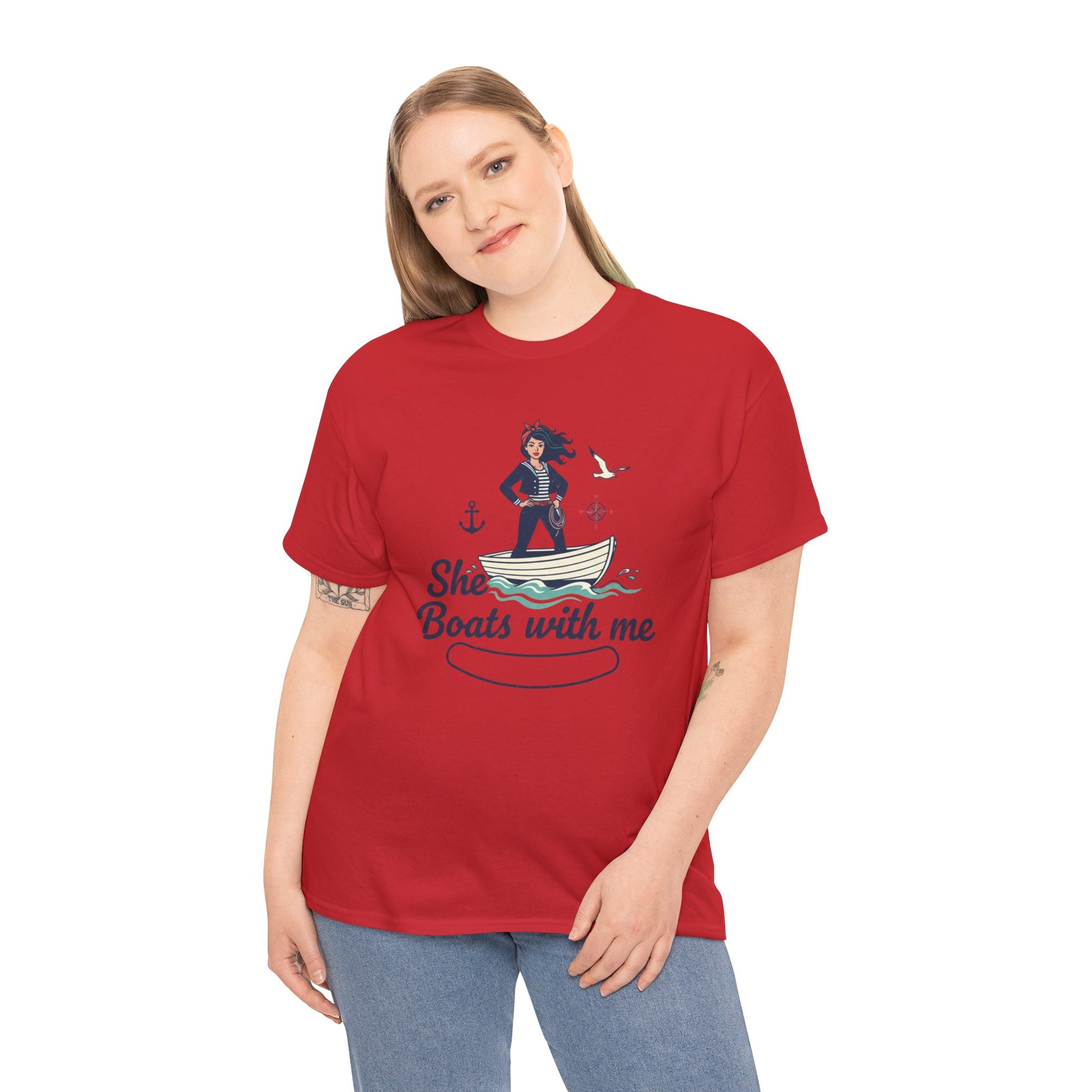 T-Shirt — "She Boats With Me" Nautical Couple Tee Printify
