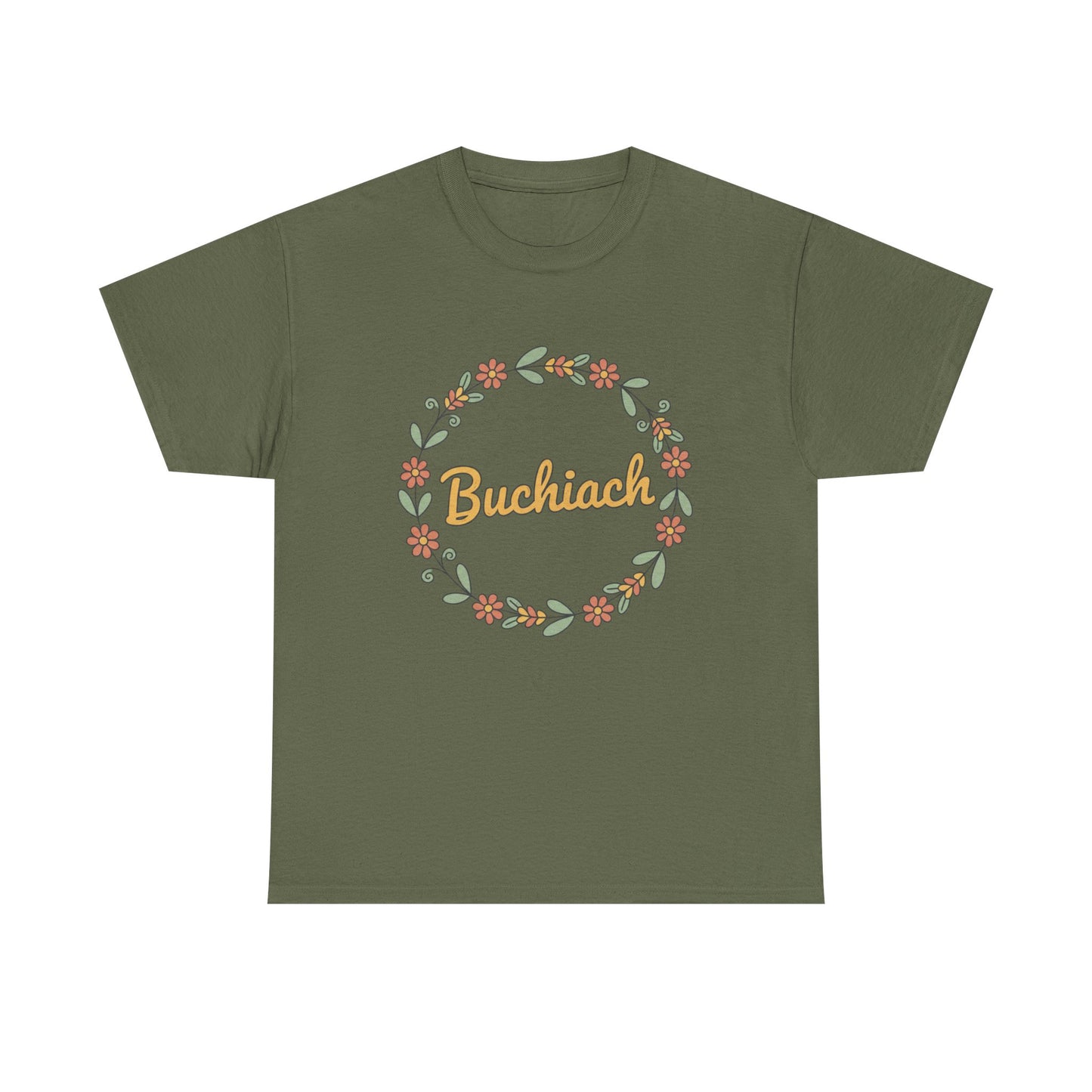 Buchiach Floral Wreath T-Shirt — Retro Script Garden Tee Printify