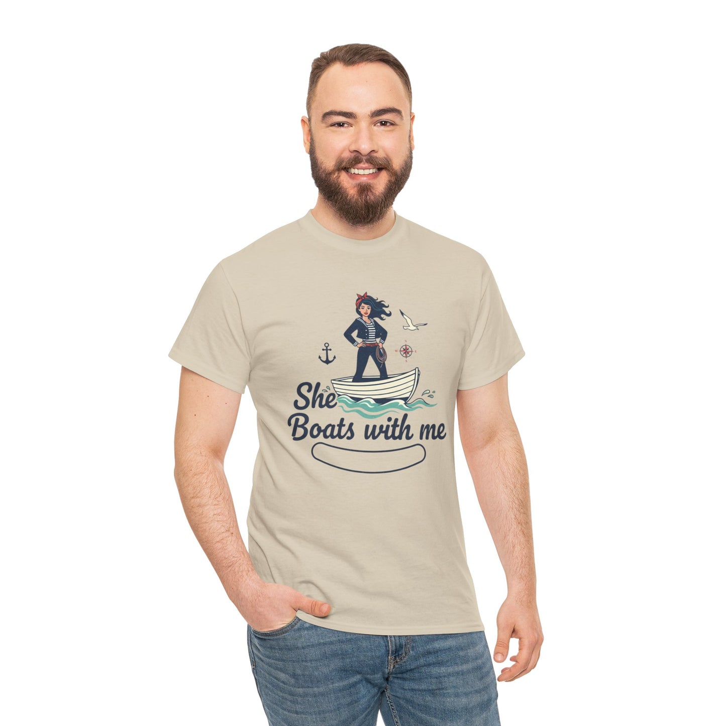 T-Shirt — "She Boats With Me" Nautical Couple Tee Printify
