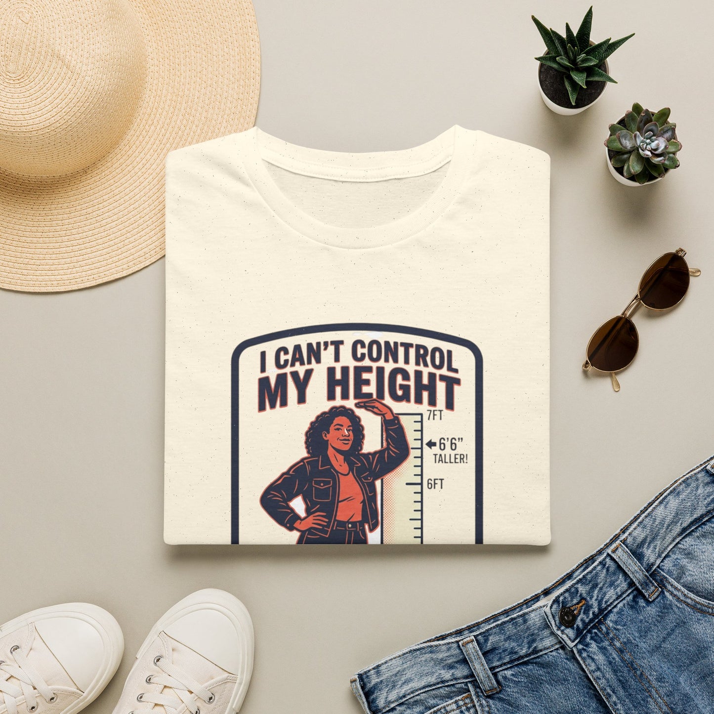 "I Can't Control My Height" Funny Tall Woman Graphic Tee