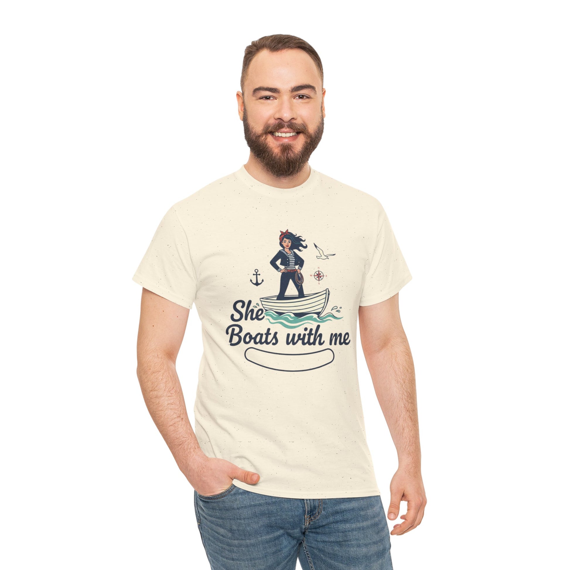 T-Shirt — "She Boats With Me" Nautical Couple Tee Printify