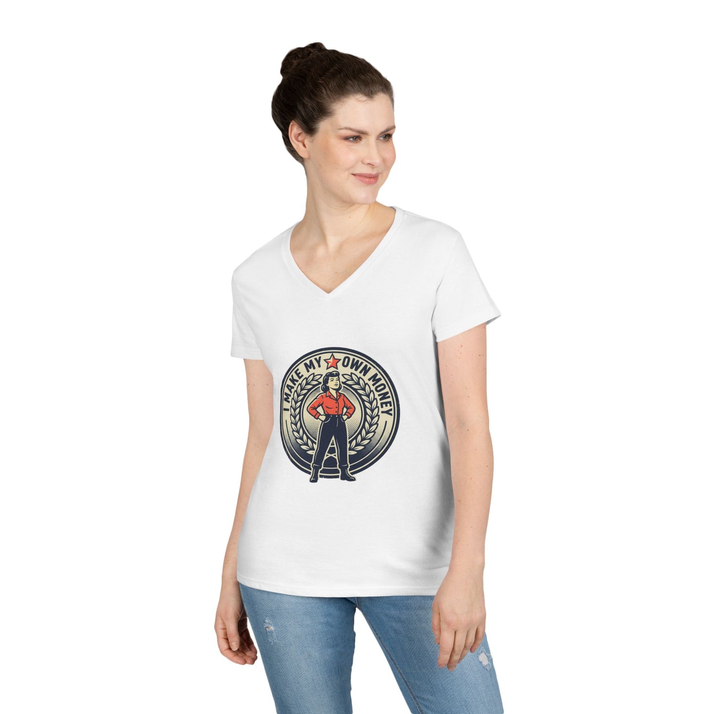 Ladies' V-Neck T-Shirt — "I Make My Own Money" Empowered Retro Worker Graphic Tee
