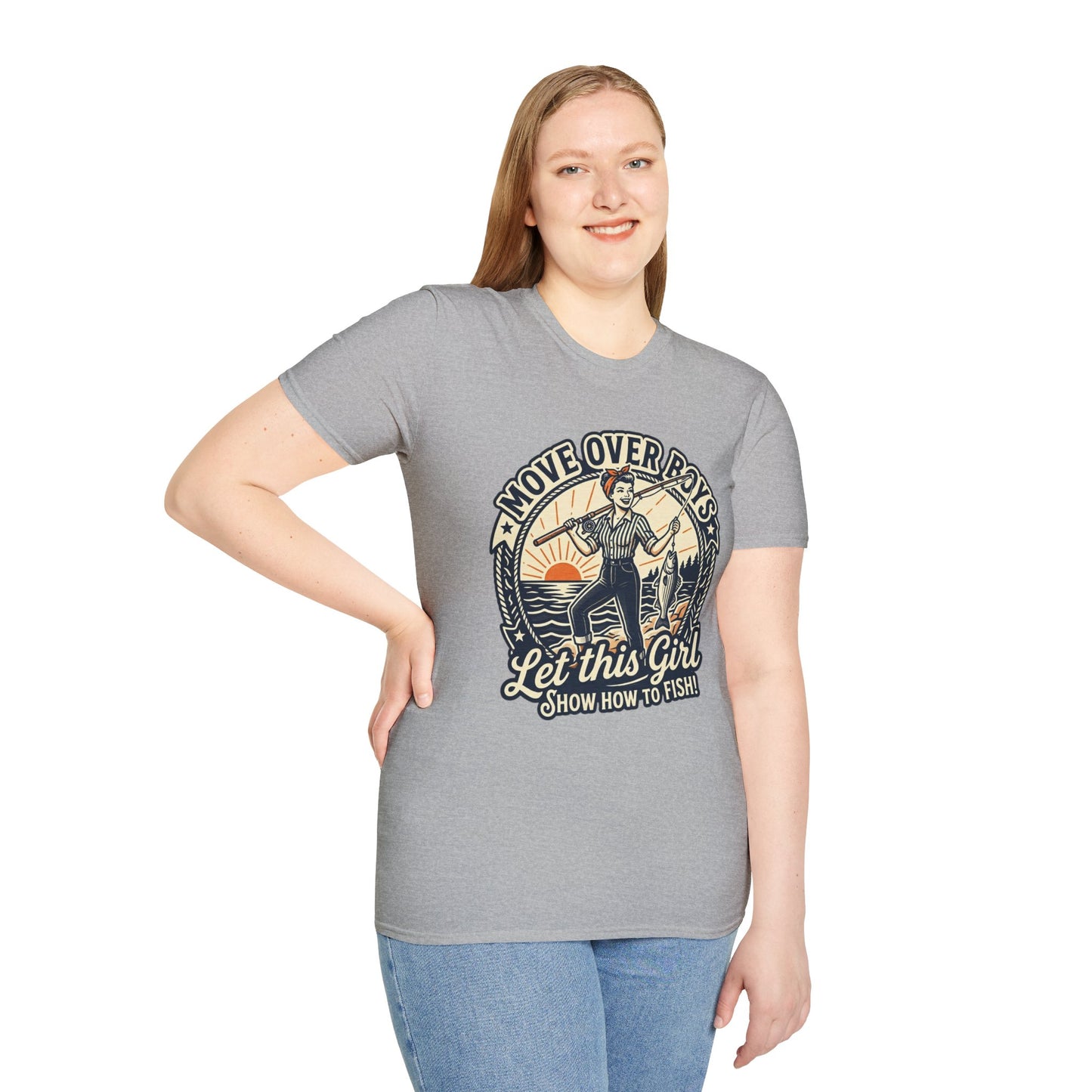 "Move Over Boys, Let This Girl Show How to Fish" Vintage Design - Fishing T-Shirt