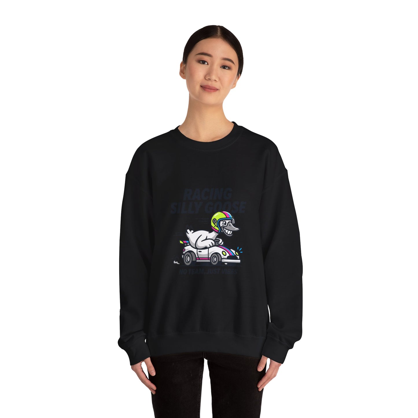 Racing Silly Goose Sweatshirt | motorsport parody, checkered pit crew vibe