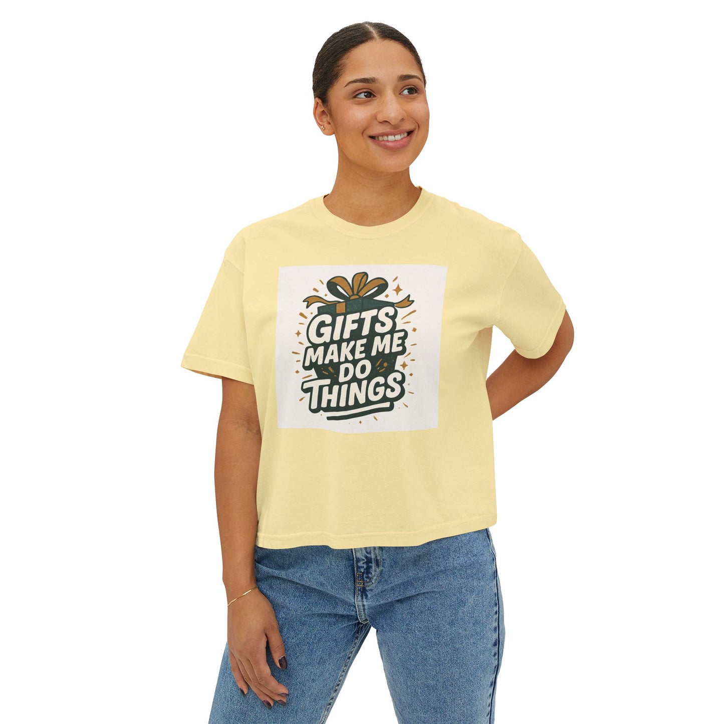 Gifts Make Me Do Things Graphic Boxy Tee — Women’s Casual Crop T-Shirt