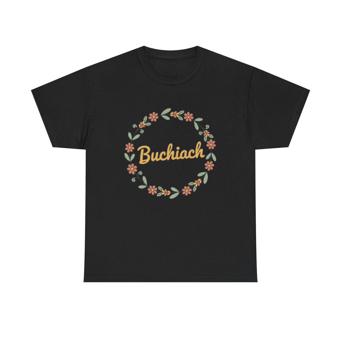 Buchiach Floral Wreath T-Shirt — Retro Script Garden Tee Printify