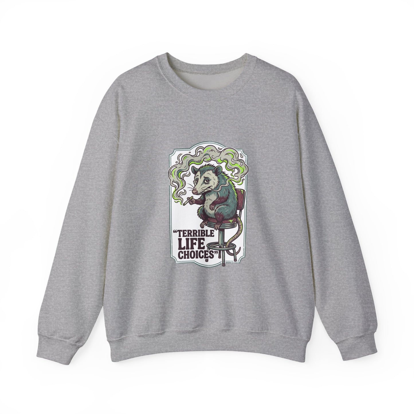 Terrible Life Choices opossum smoking sweatshirt | absurdist animal, ironic alt meme