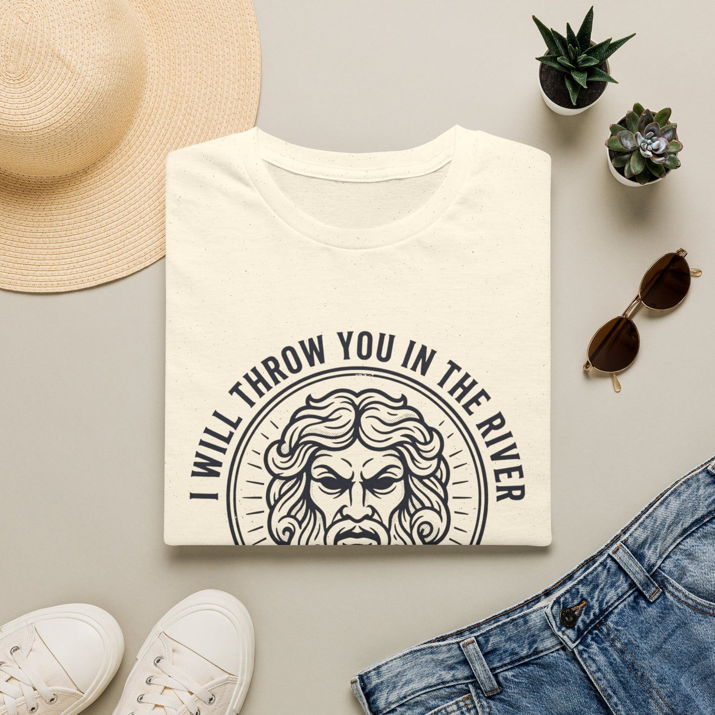 'I Will Throw You in the River' Bold Mythic Design-Graphic T-Shirt
