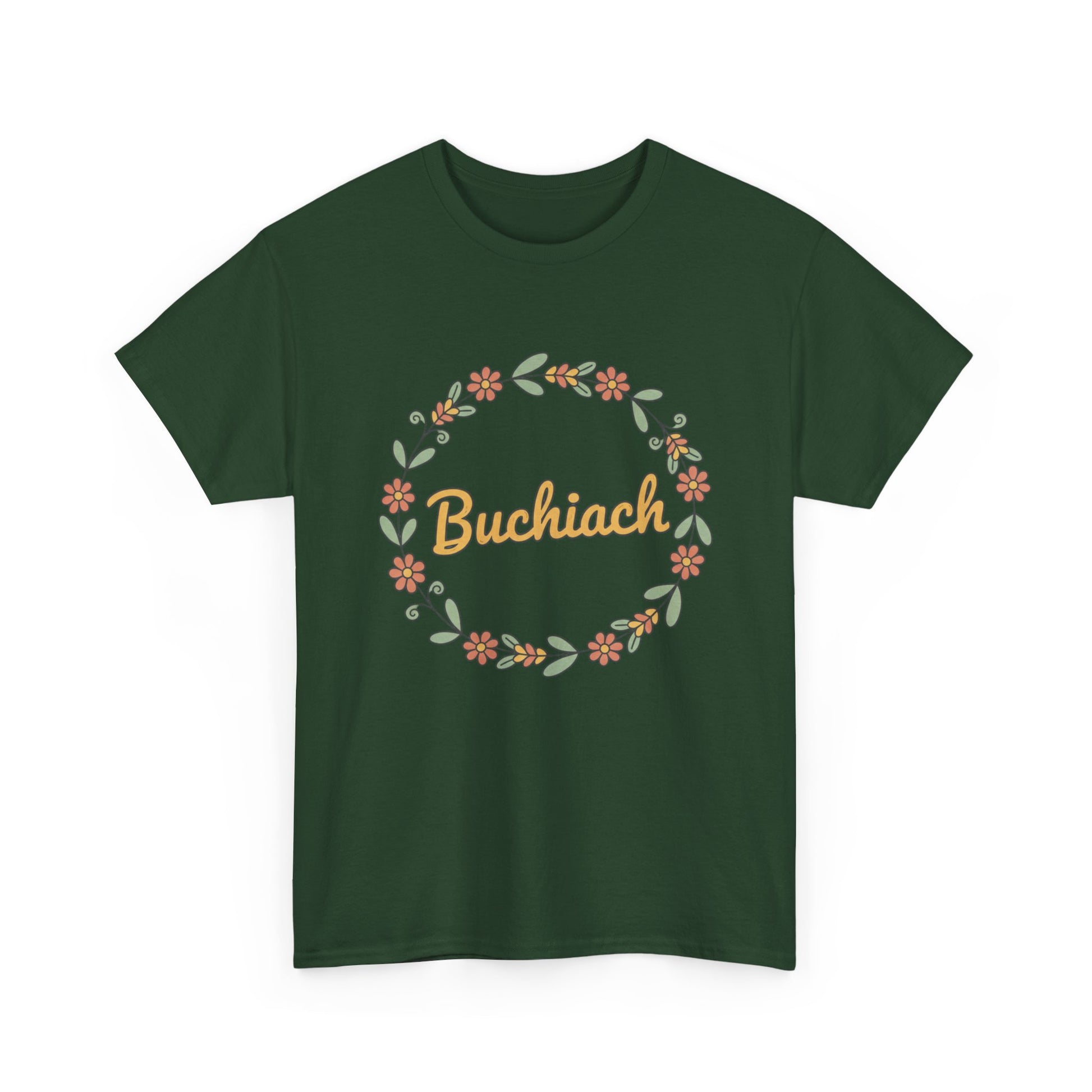Buchiach Floral Wreath T-Shirt — Retro Script Garden Tee Printify
