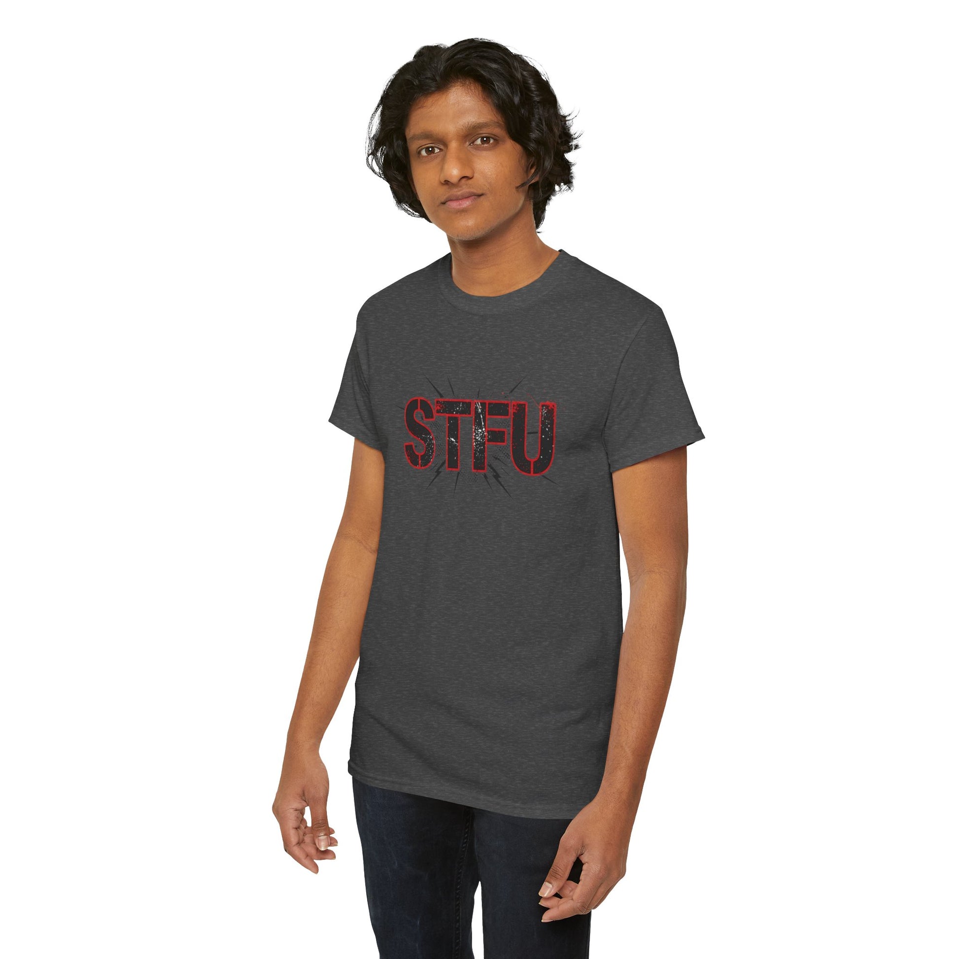 STFU Graphic Tee — Bold Distressed Text Shirt for Statement Style Printify