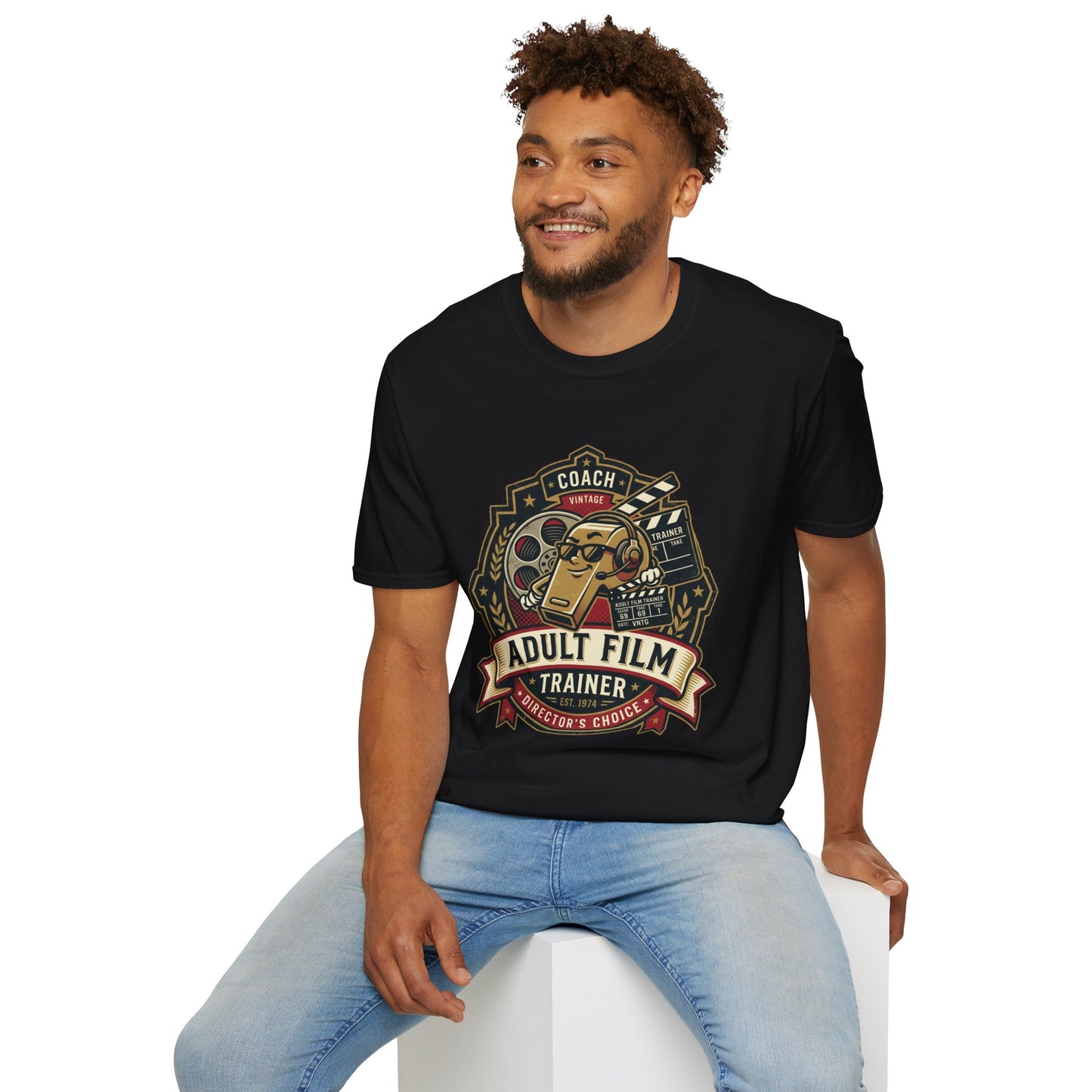 Adult Film Trainer T-Shirt — Vintage Director’s Coach Movie Reel Tee Printify
