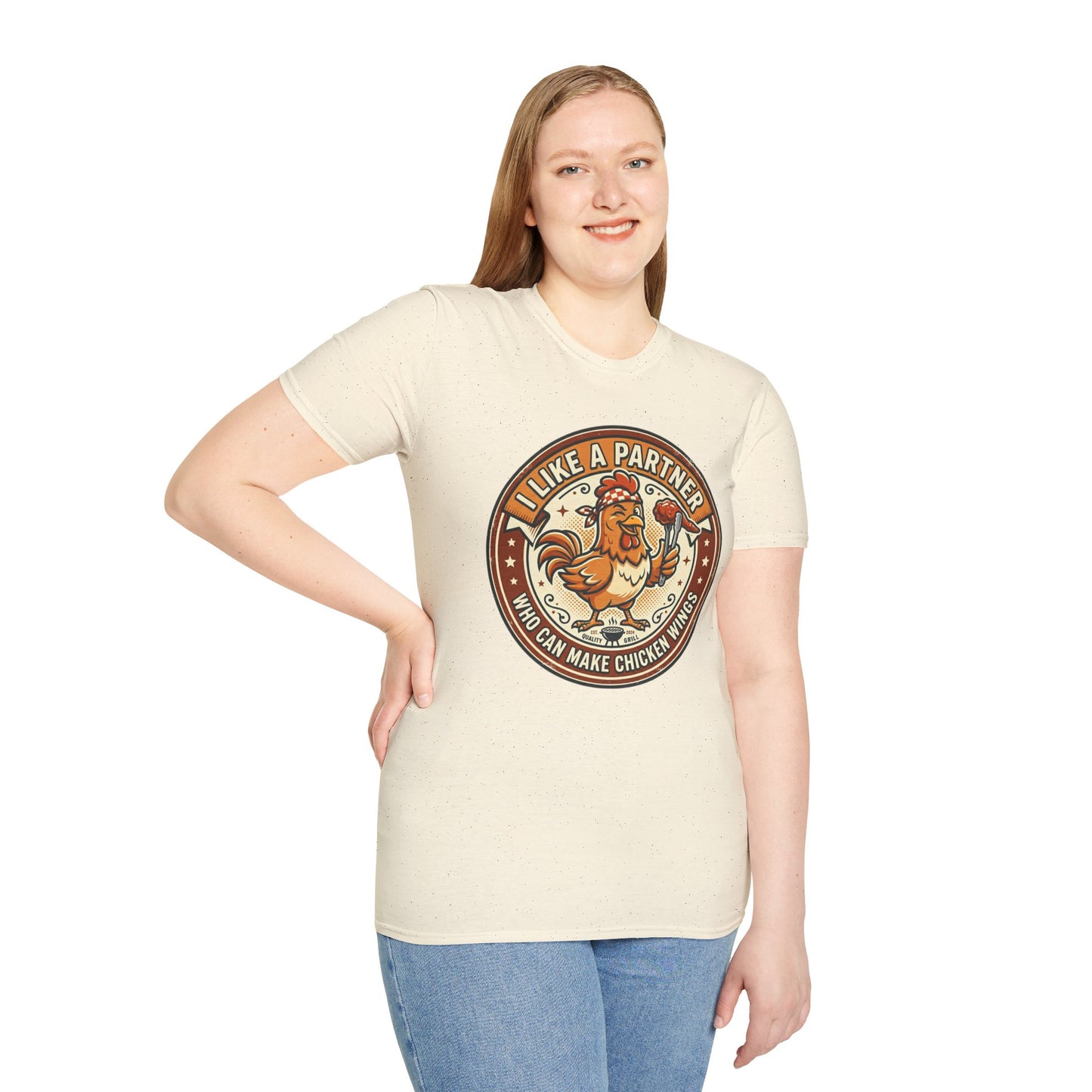 Funny Chicken Wings T-Shirt — "I Like A Partner Who Can Make Chicken Wings" Crew Tee