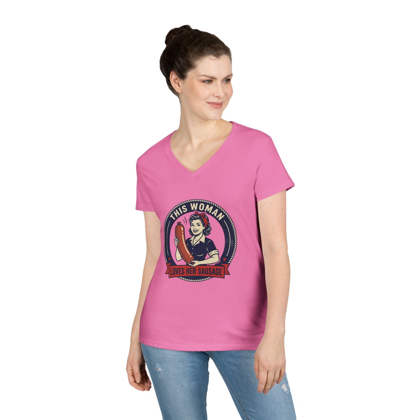 Ladies' V-Neck T-Shirt — "This Woman Loves Her Sausage" Retro Graphic Tee