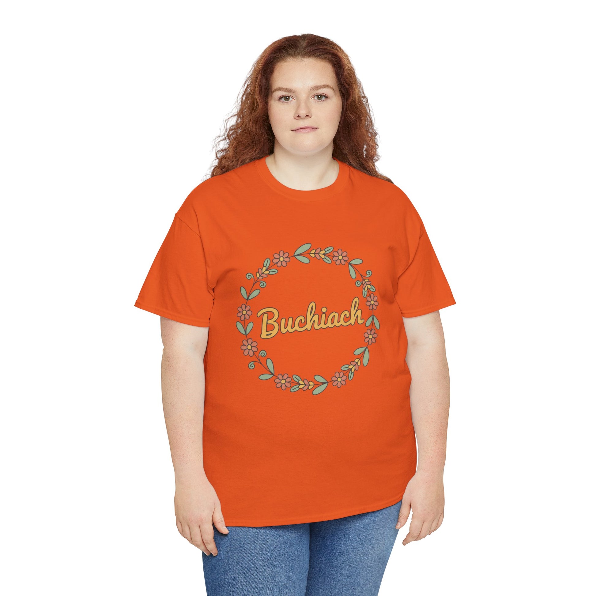 Buchiach Floral Wreath T-Shirt — Retro Script Garden Tee Printify