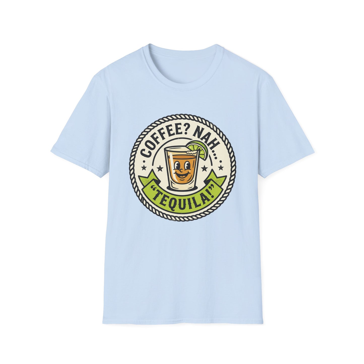 Coffee? Nah, Tequila! T-Shirt – Funny Shot Glass Graphic Tee for Party Lovers