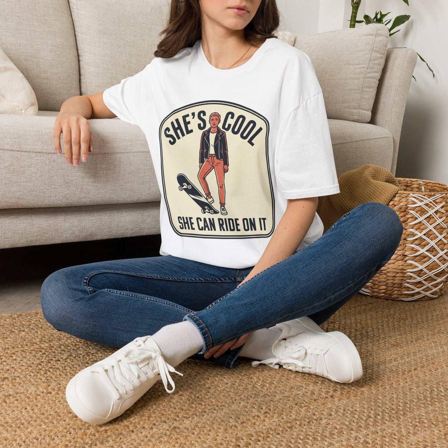 She's Cool Skateboarder T-Shirt — "She's Cool, She Can Ride On It" Retro Graphic Tee
