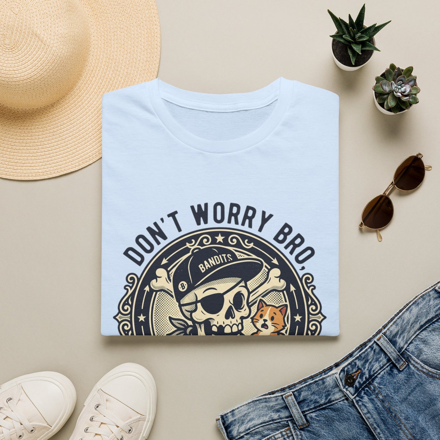Skull & Cat T-Shirt — "Don't Worry Bro, I'll Give Her Back" Vintage Tee