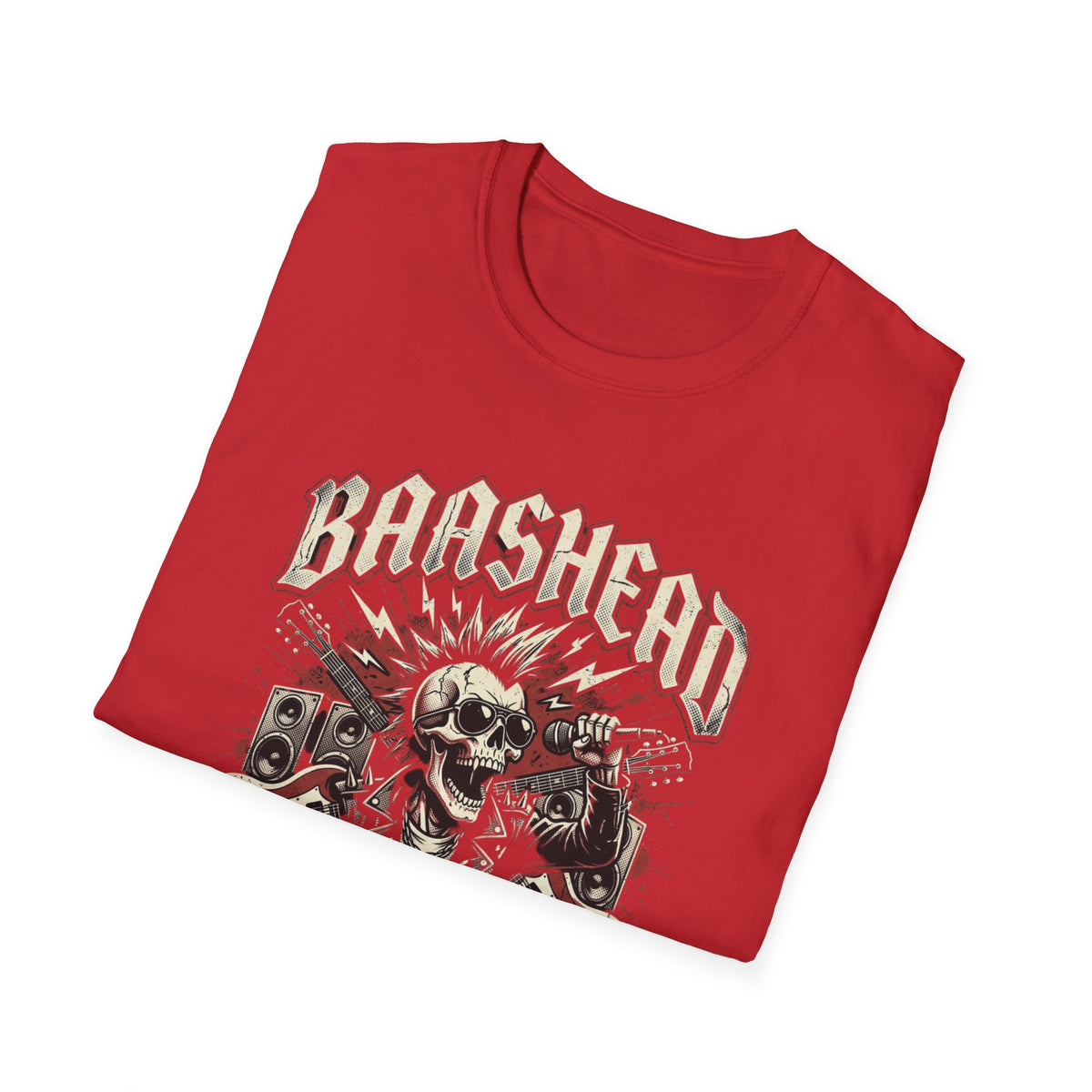 Basshead Skull T-Shirt — “I Make Everyone Listen to My Music, Crank It Up!” Guitar & Speaker Rock Tee