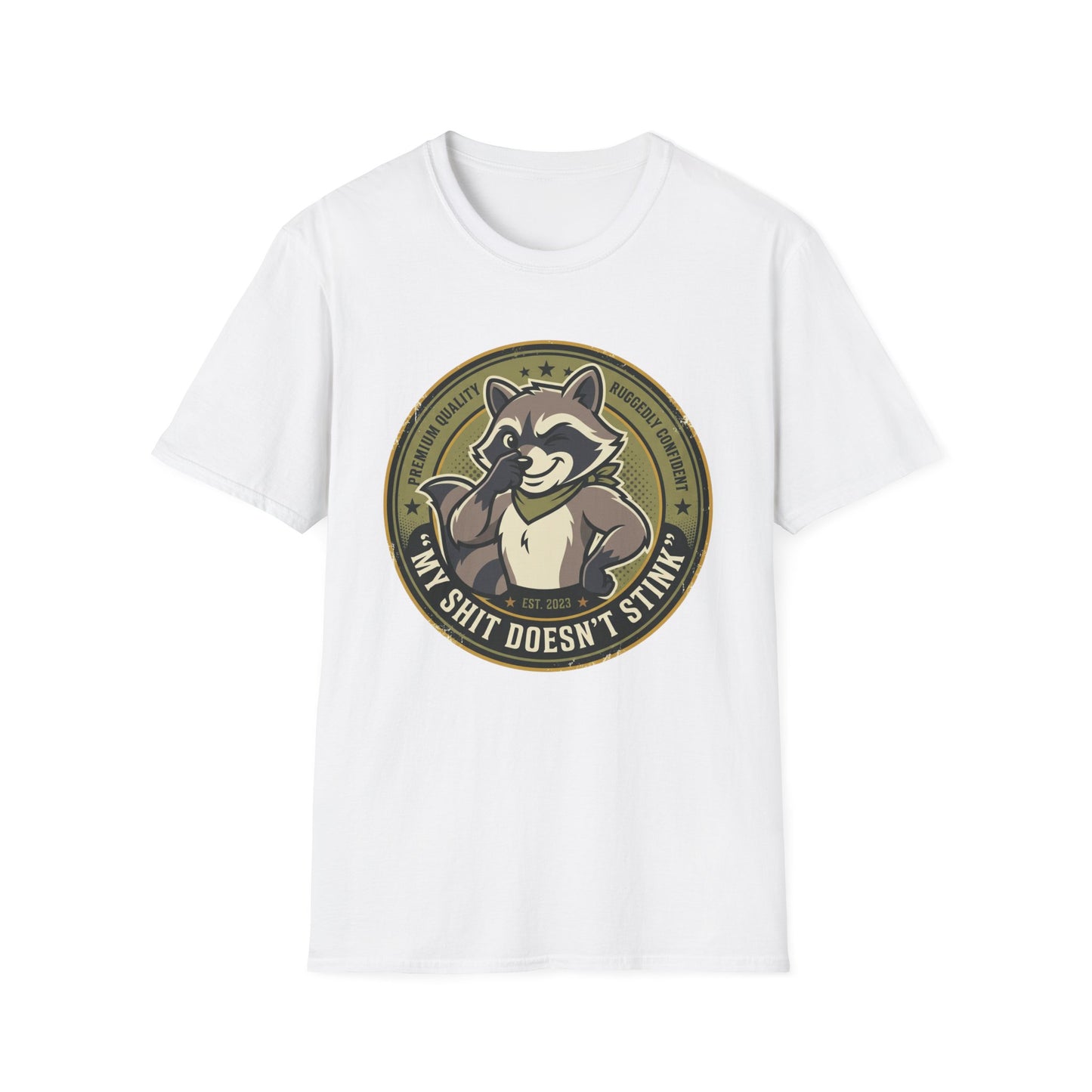 Raccoon Badge T-Shirt — "My Shit Doesn't Stink" Funny Graphic Tee Printify