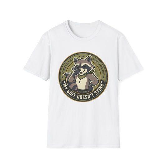 Raccoon Badge T-Shirt — "My Shit Doesn't Stink" Funny Graphic Tee Printify