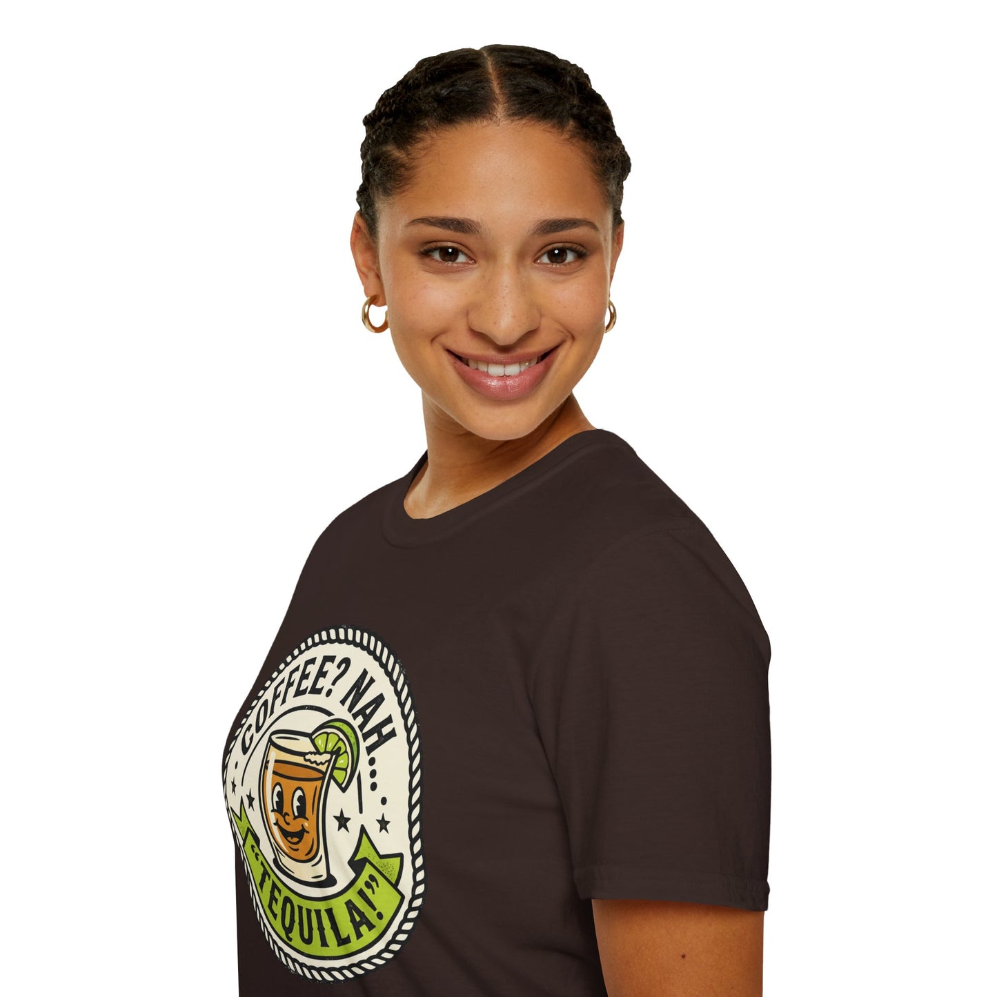Coffee? Nah, Tequila! T-Shirt – Funny Shot Glass Graphic Tee for Party Lovers