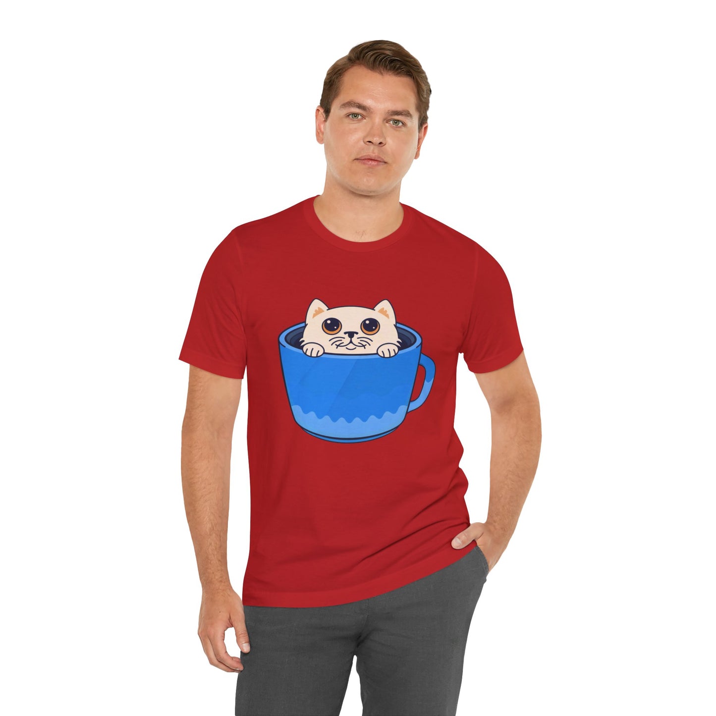 Cat in a Blue Mug T‑Shirt — Cute Kawaii Kitten Tee