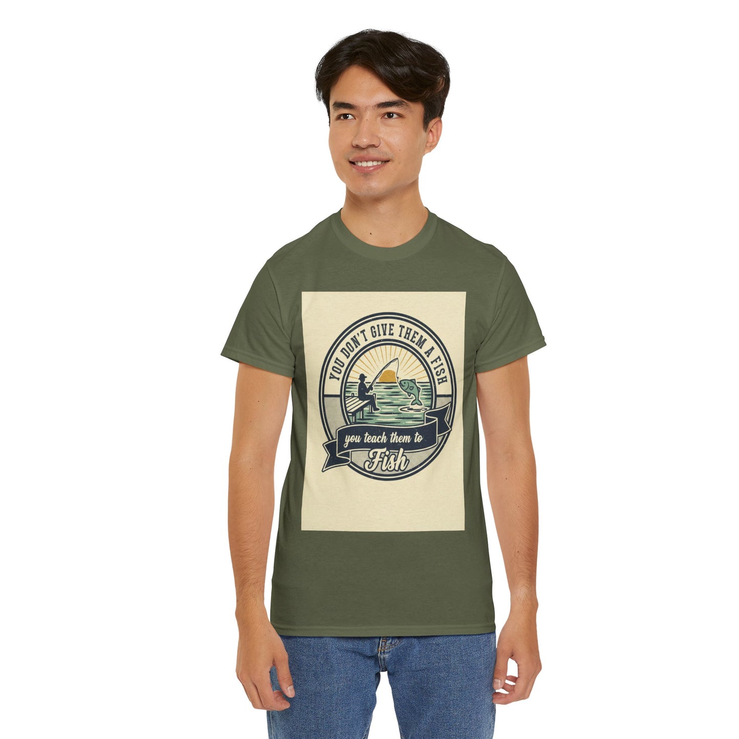 Fishing Vintage Badge T-Shirt — "You Don’t Give Them a Fish, You Teach Them to Fish" Graphic Tee