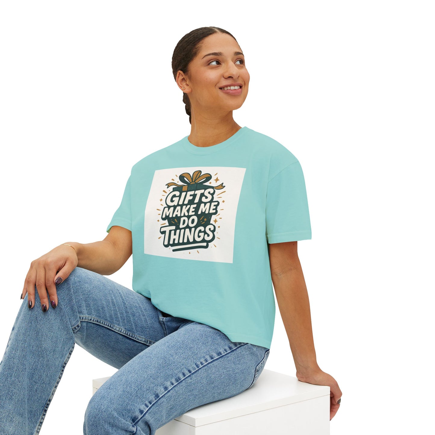 Gifts Make Me Do Things Graphic Boxy Tee — Women’s Casual Crop T-Shirt