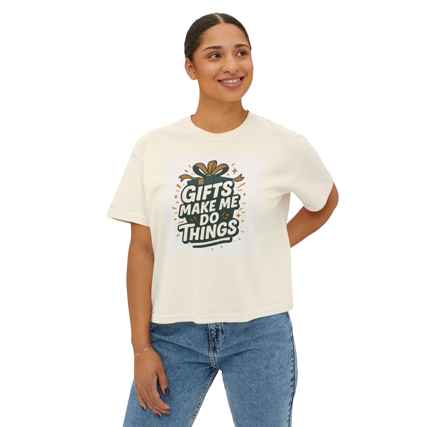 Gifts Make Me Do Things Graphic Boxy Tee — Women’s Casual Crop T-Shirt