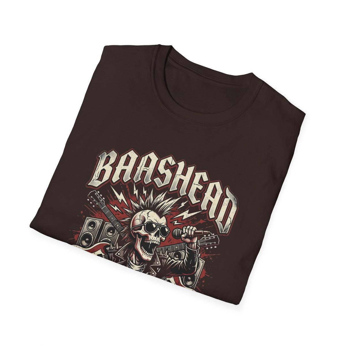 Basshead Skull T-Shirt — “I Make Everyone Listen to My Music, Crank It Up!” Guitar & Speaker Rock Tee